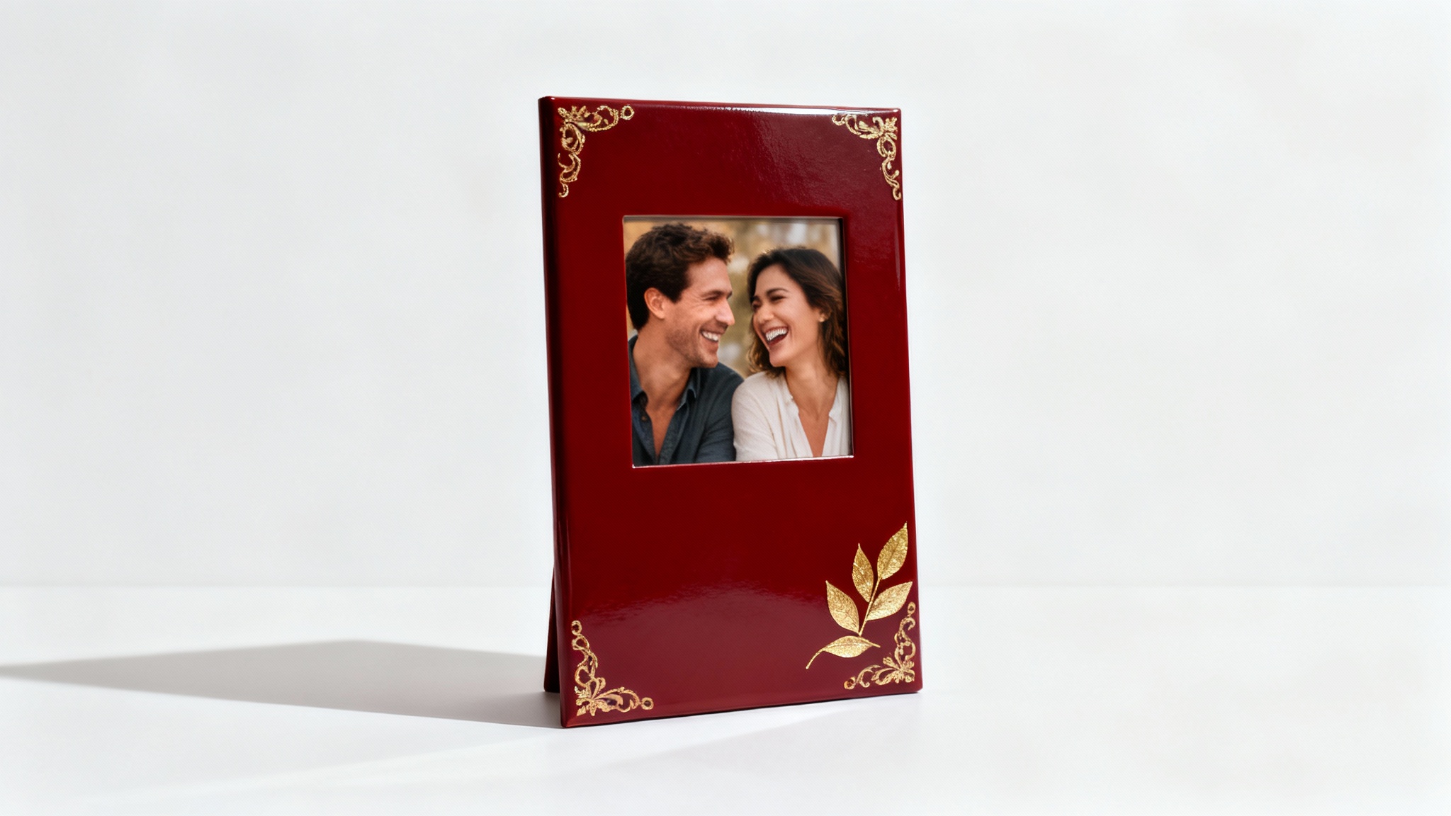 An elegant, red Valentine's Day photo frame with gold details, standing on a white surface, displaying a picture of a happy couple.