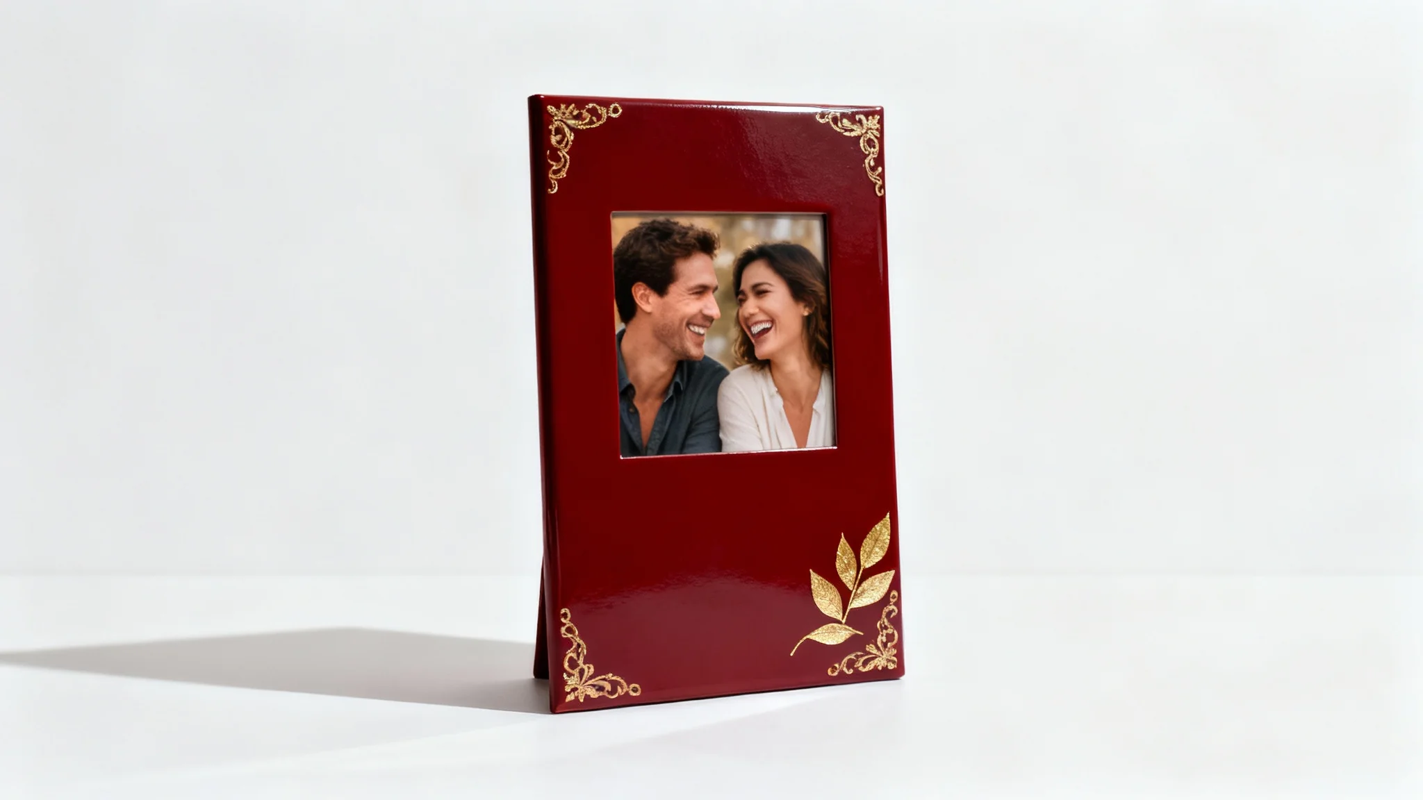 An elegant, red Valentine's Day photo frame with gold details, standing on a white surface, displaying a picture of a happy couple.