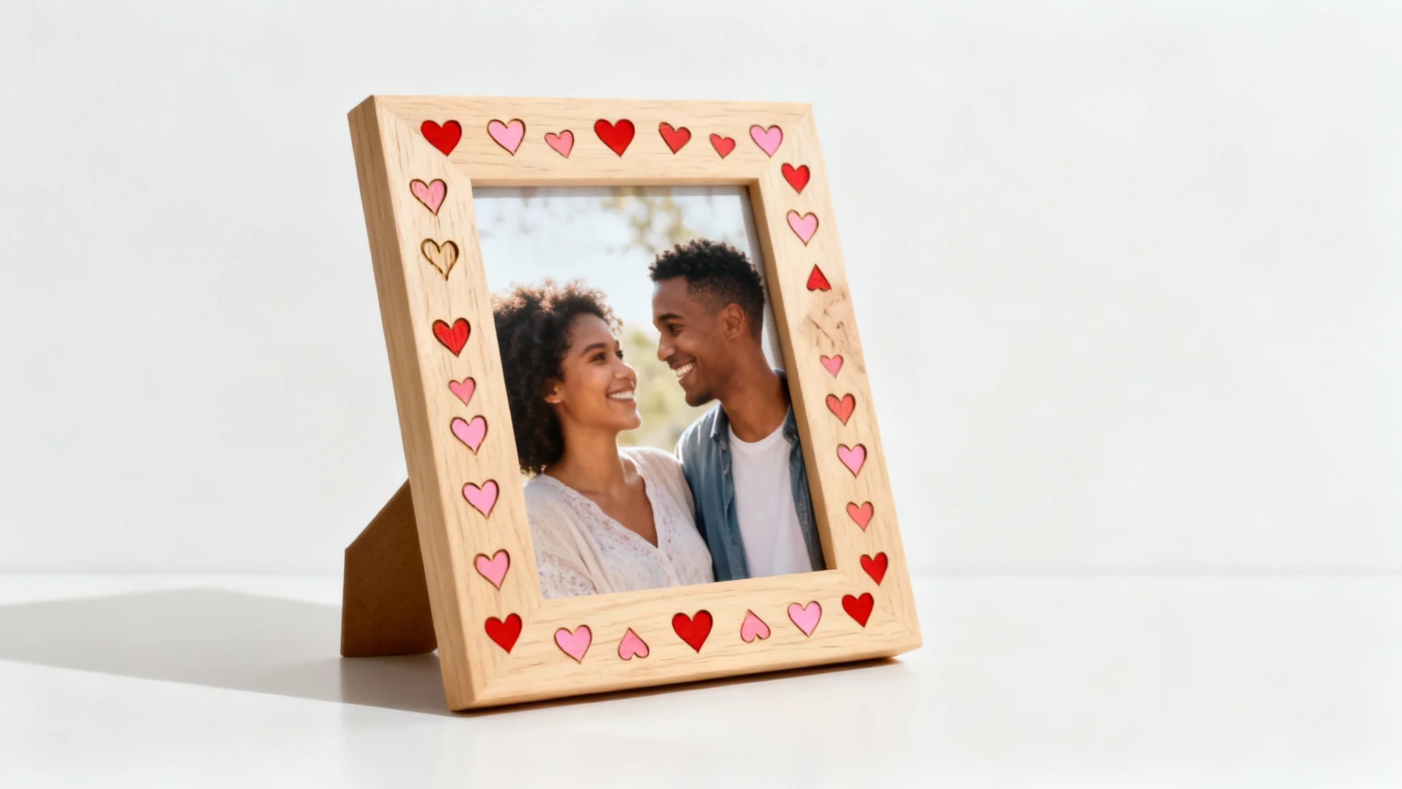 A wooden Valentine's photo frame decorated with small hearts, displaying a photo of a happy couple, presented as a product mockup on a white background.