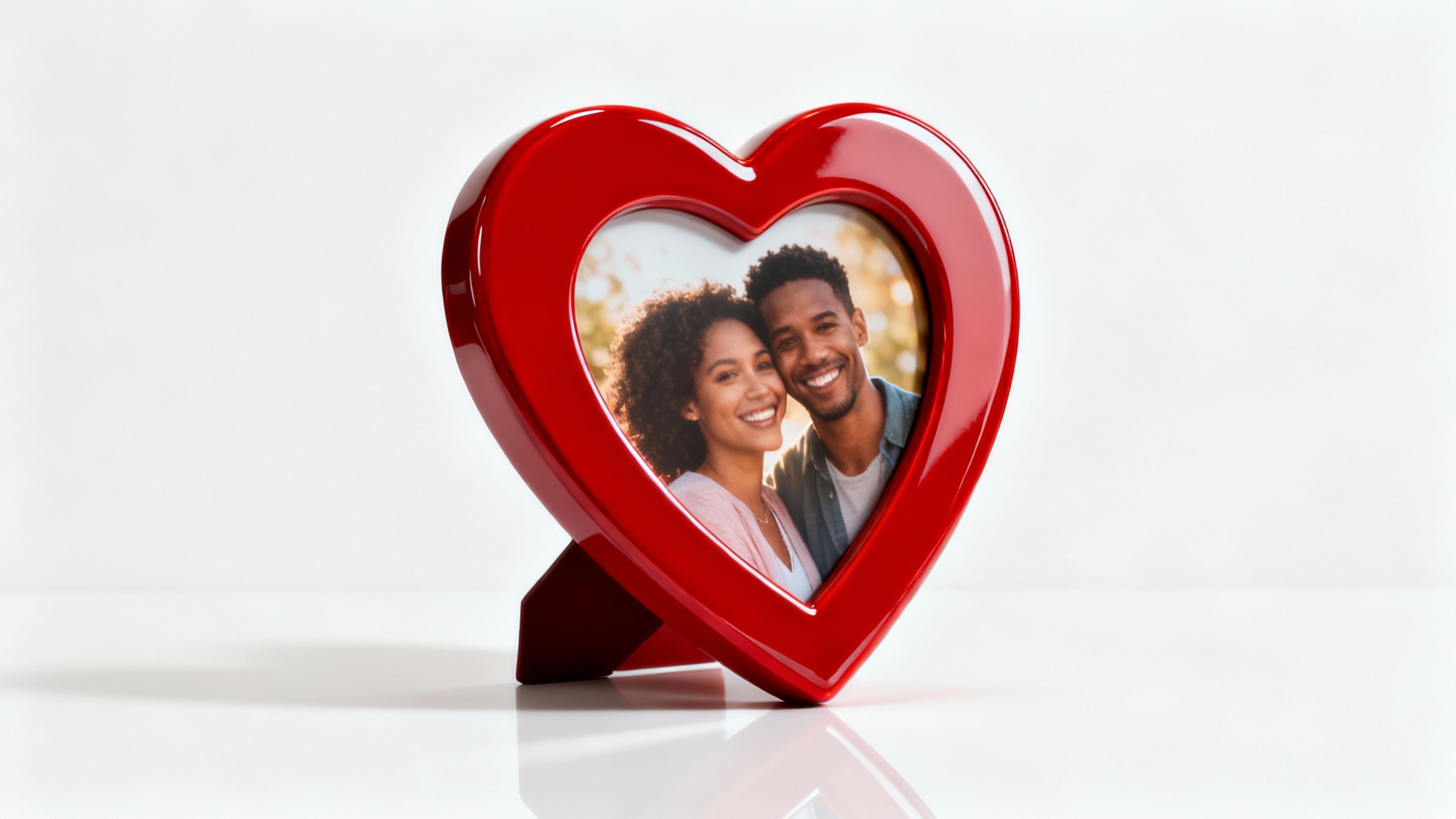 A glossy red heart-shaped Valentine's photo frame, standing on a white surface and containing a picture of a happy couple, presented as a product mockup.