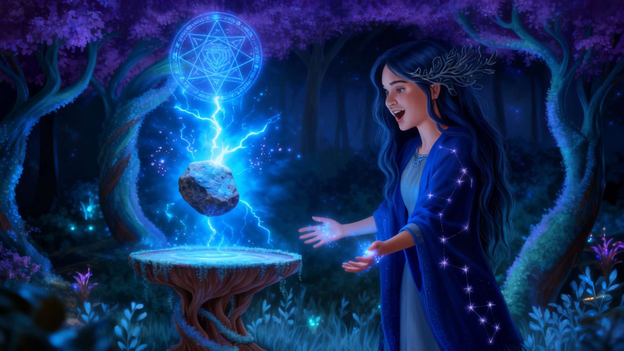 A young sorceress in a mystical forest watches in awe as an enchanted stone, powered by a potion, levitates and glows with brilliant blue magical energy and lightning, projecting a holographic symbol.