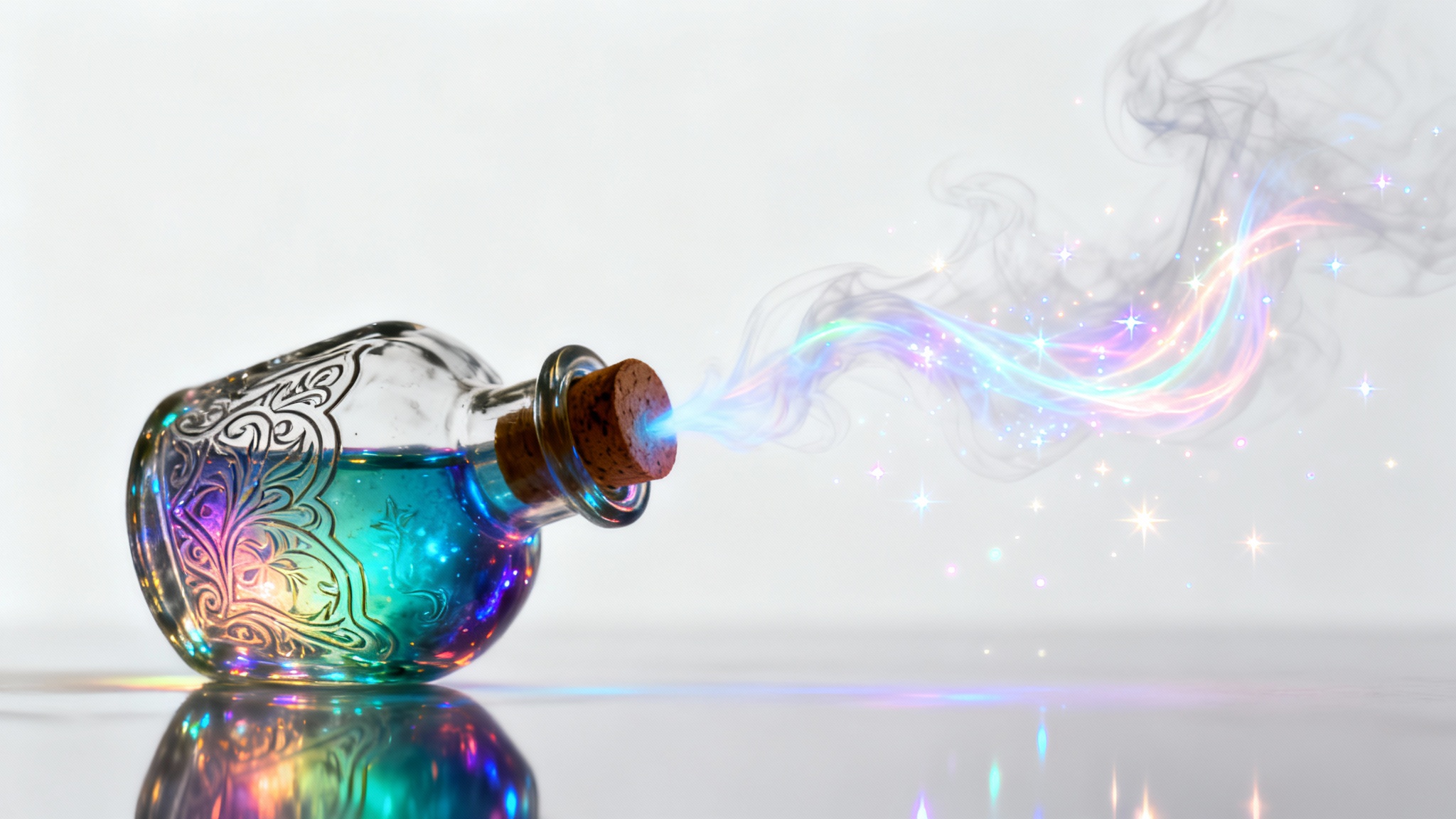 An ornate glass bottle filled with a glowing, magical potion, releasing a cloud of sparkling energy, set against a clean white background.