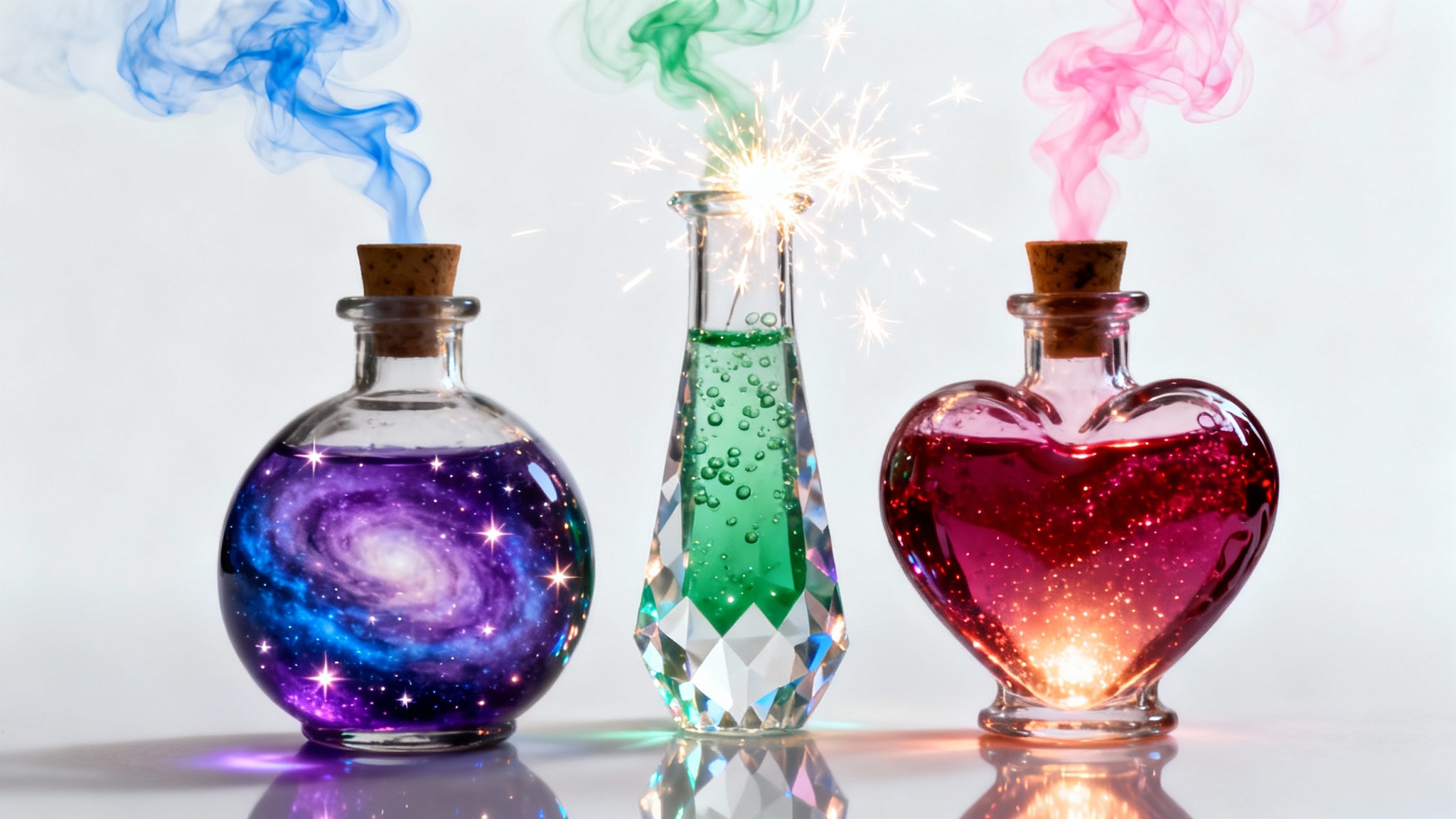 A close-up photograph of three distinct magical potions in ornate glass bottles on a white background, each glowing with a different color and emitting magical sparks and smoke, illustrating various potion effects.