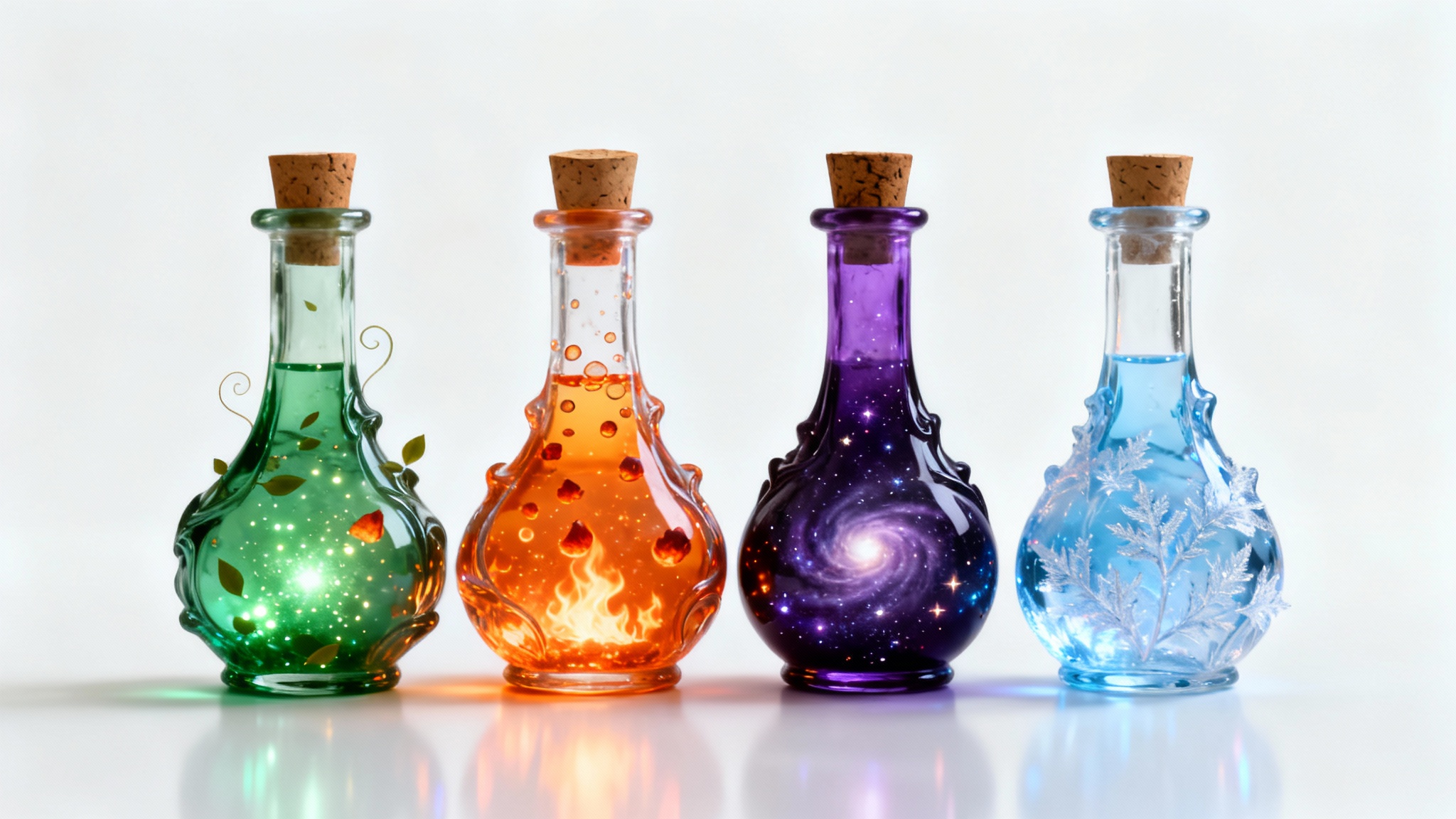 A row of four ornate glass bottles filled with glowing, magical potions in different colors, representing various potion effects, on a white background.