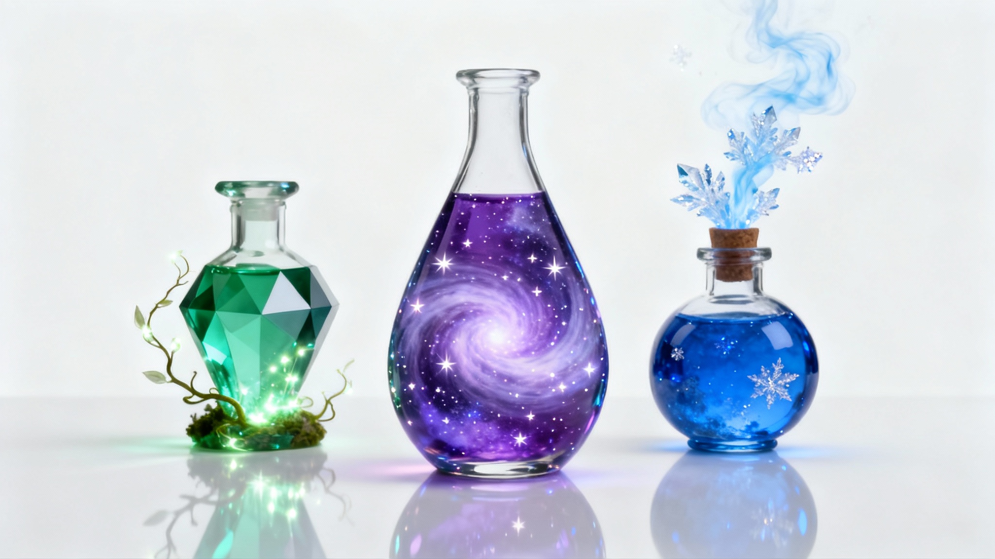 Three magical potion bottles on a white background, each demonstrating a different effect: a purple one glows with stars, a green one sprouts vines, and a blue one emits an icy mist.