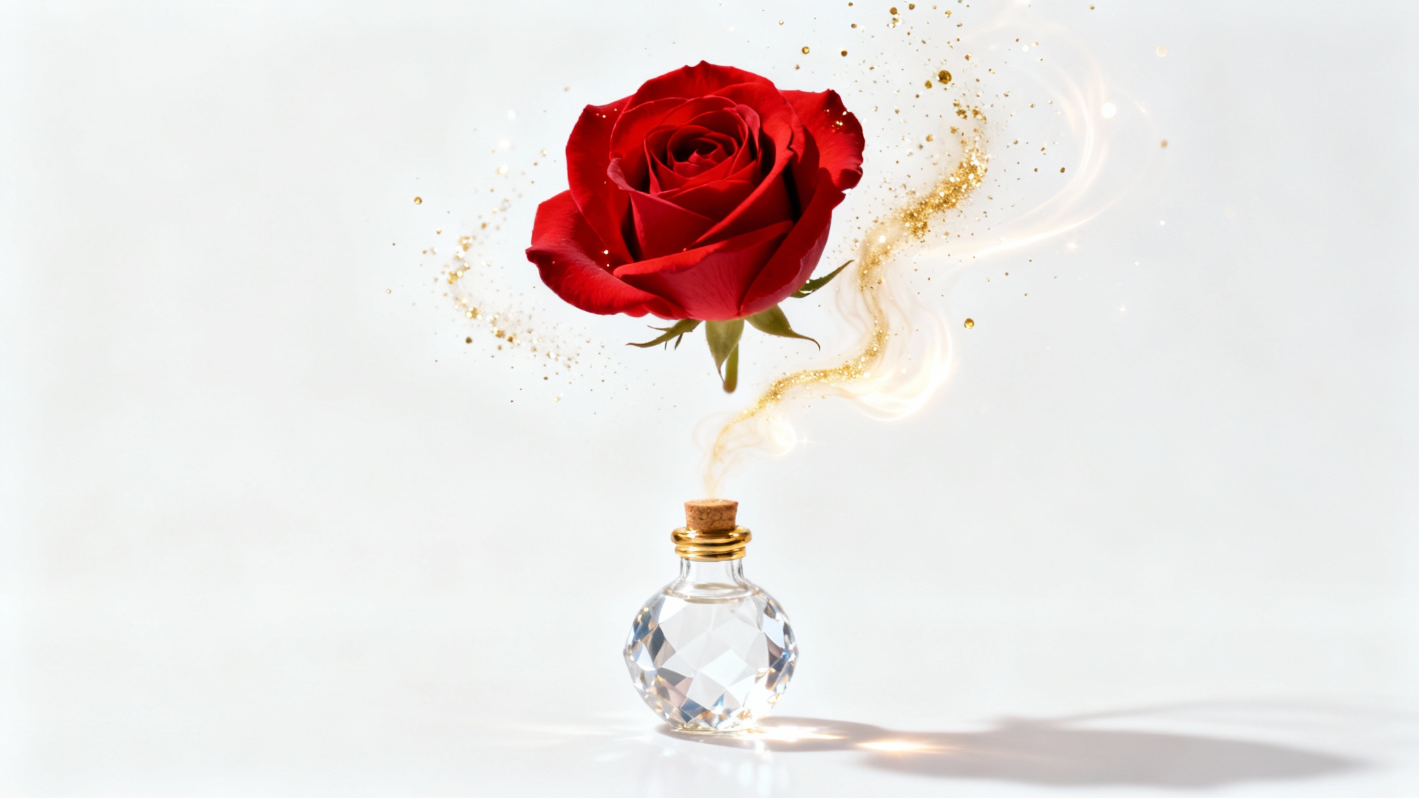 A photorealistic mockup of a potion effect, showing a single red rose magically levitating above a small crystal vial on a clean white background.