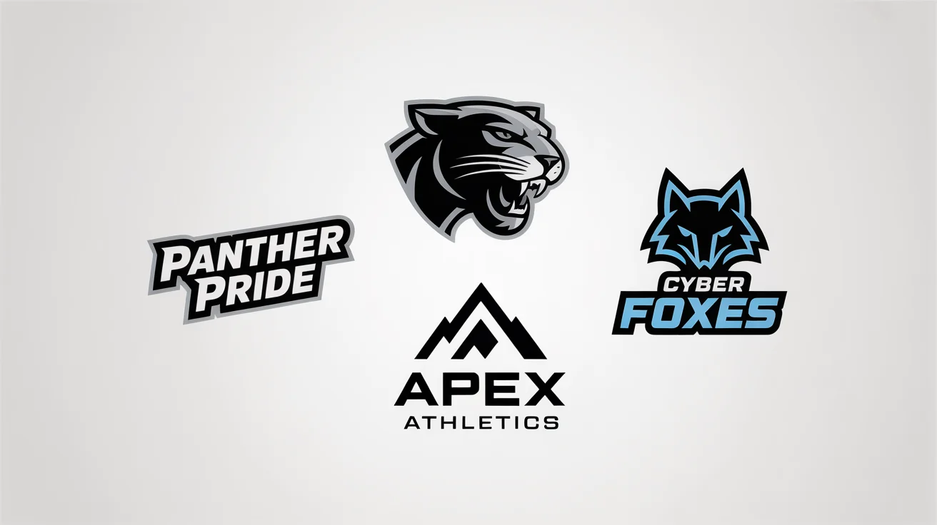 A collection of four professionally designed custom sports logos, including a panther mascot, a cybernetic fox, a griffin crest, and a minimalist mountain peak, all displayed on a white background.