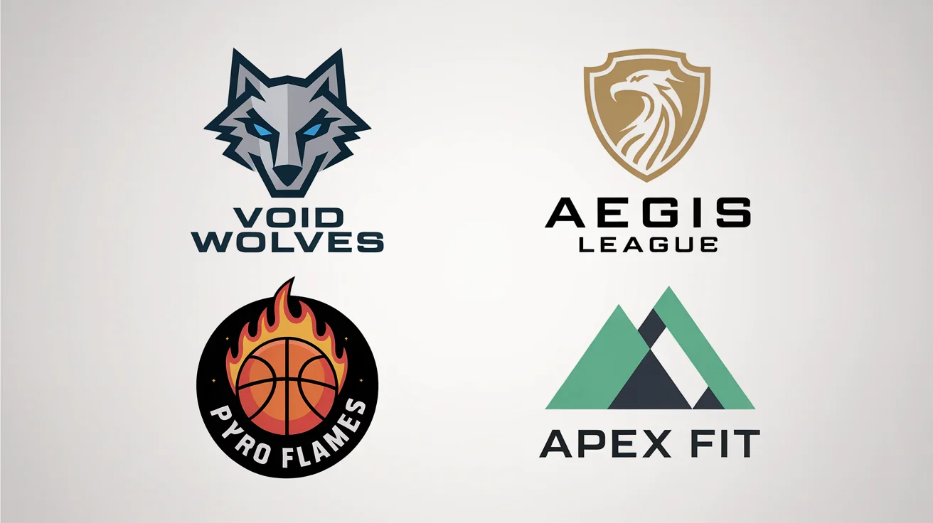 A professional mockup of four different custom-designed sports logos on a clean white background, demonstrating logo generation for sports teams, esports clans, and athletic brands.