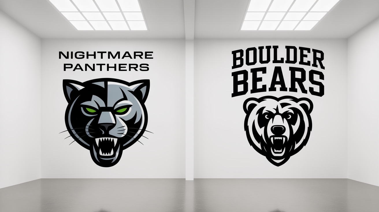 A grid of four professionally designed custom logos for sports, esports, and fantasy leagues on a clean white background. The logos feature a cybernetic panther, a roaring grizzly bear, a fiery phoenix, and a minimalist swoosh.
