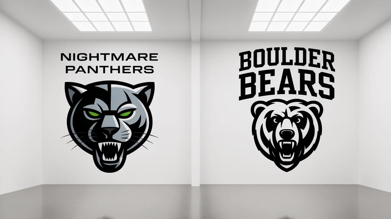A grid of four professionally designed custom logos for sports, esports, and fantasy leagues on a clean white background. The logos feature a cybernetic panther, a roaring grizzly bear, a fiery phoenix, and a minimalist swoosh.