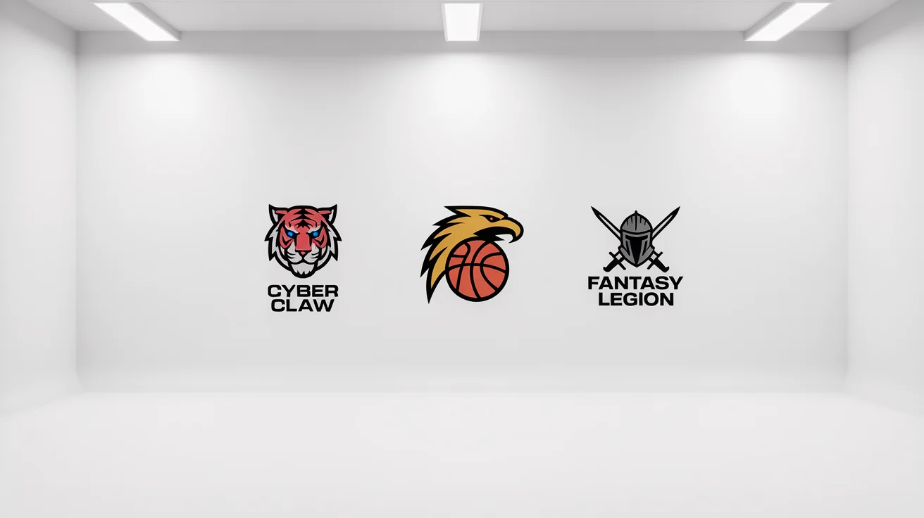 A collection of four custom-designed sports logos for an esports team, a basketball team, a fantasy league, and an athletic brand, displayed in a grid on a clean white background to showcase design variety.