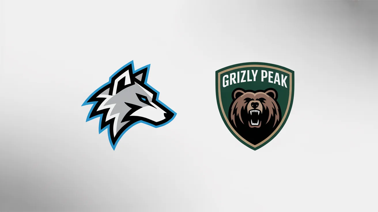 A collection of three professionally designed sports logos on a white background. The logos are for 'CYBER WOLVES', 'GRIZZLY PEAK GRIZZLIES', and 'VELOCITY', each with a unique mascot and style.