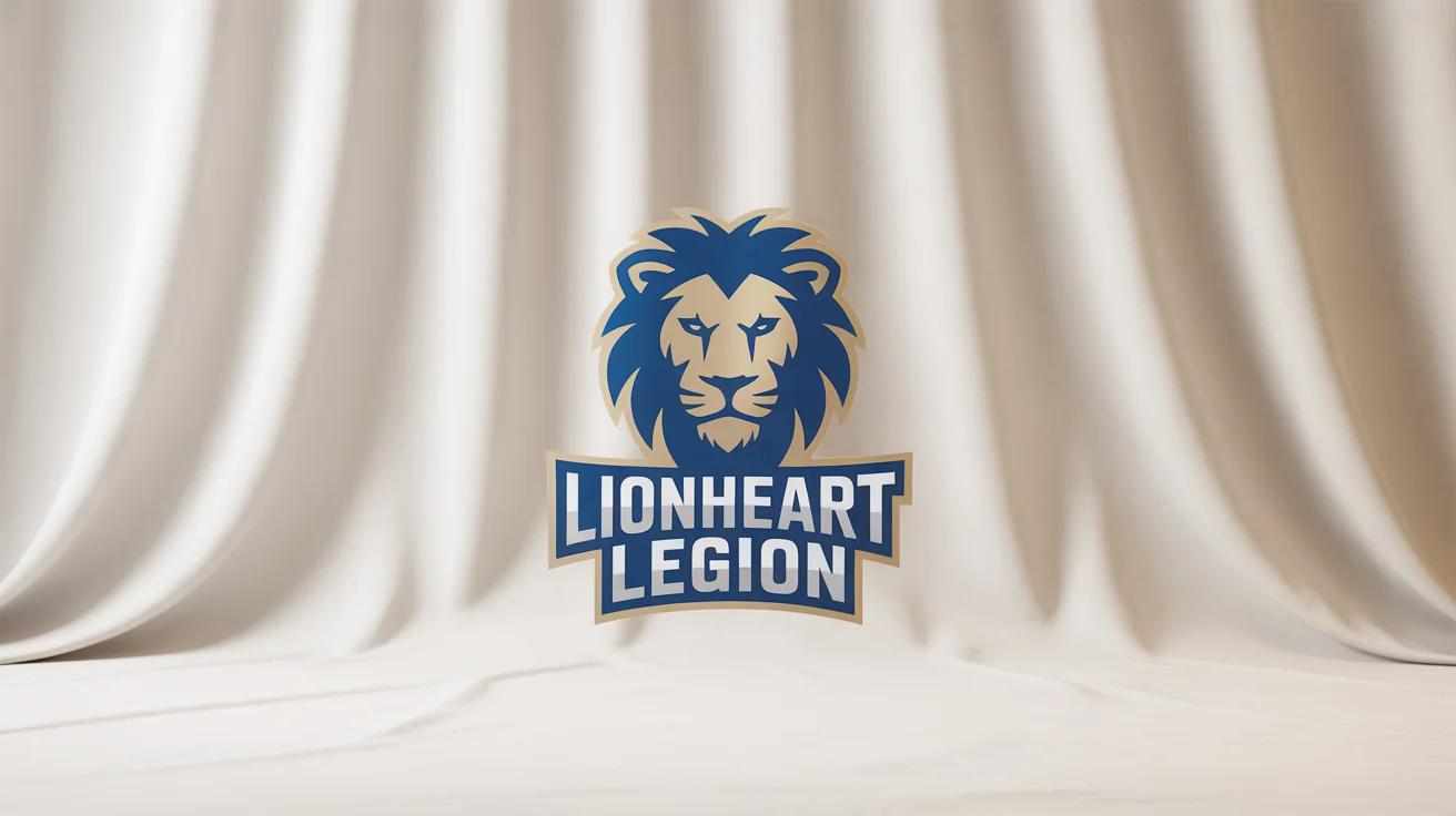 A modern sports logo for the 'Lionheart Legion', featuring a stylized roaring lion's head in blue and gold on a white background.