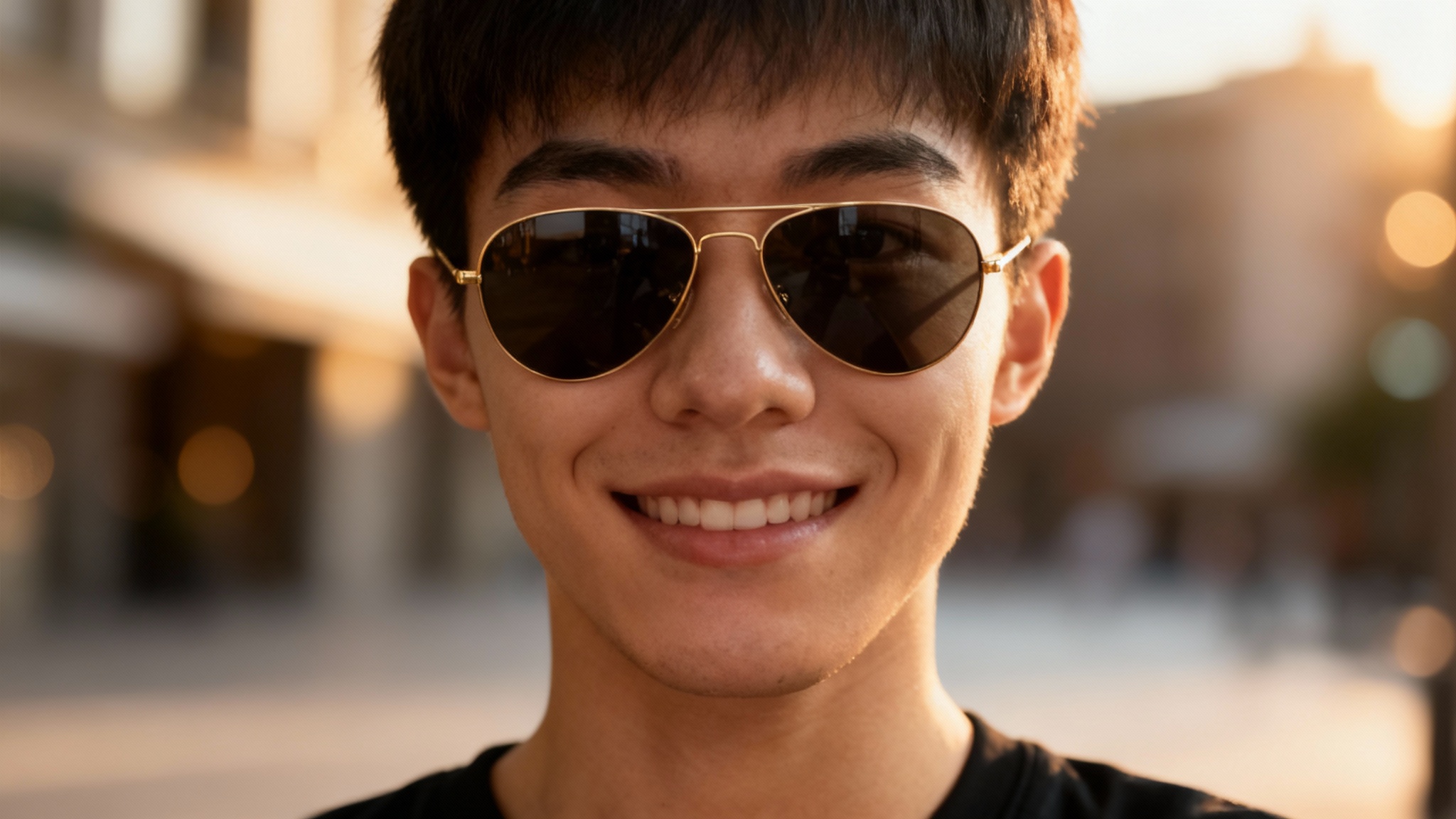 A close-up photo of a smiling person wearing gold-framed aviator sunglasses perfectly, showcasing the hyper-realistic result of a virtual try-on application.