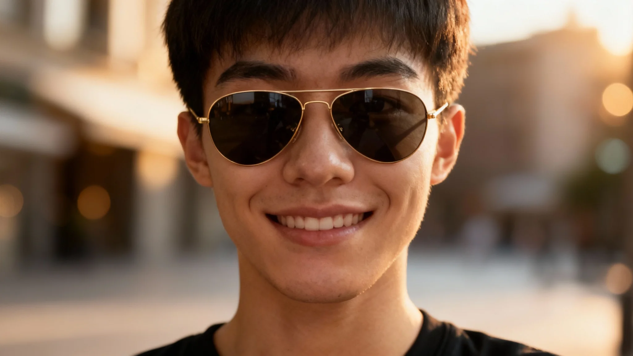 A close-up photo of a smiling person wearing gold-framed aviator sunglasses perfectly, showcasing the hyper-realistic result of a virtual try-on application.