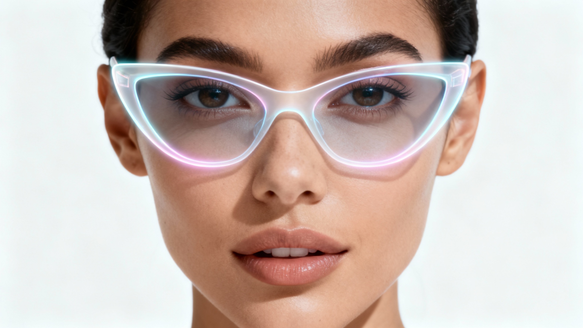 A photorealistic image of a woman looking forward, with a pair of glowing, digitally projected sunglasses on her face, demonstrating a virtual try-on feature against a plain white background.