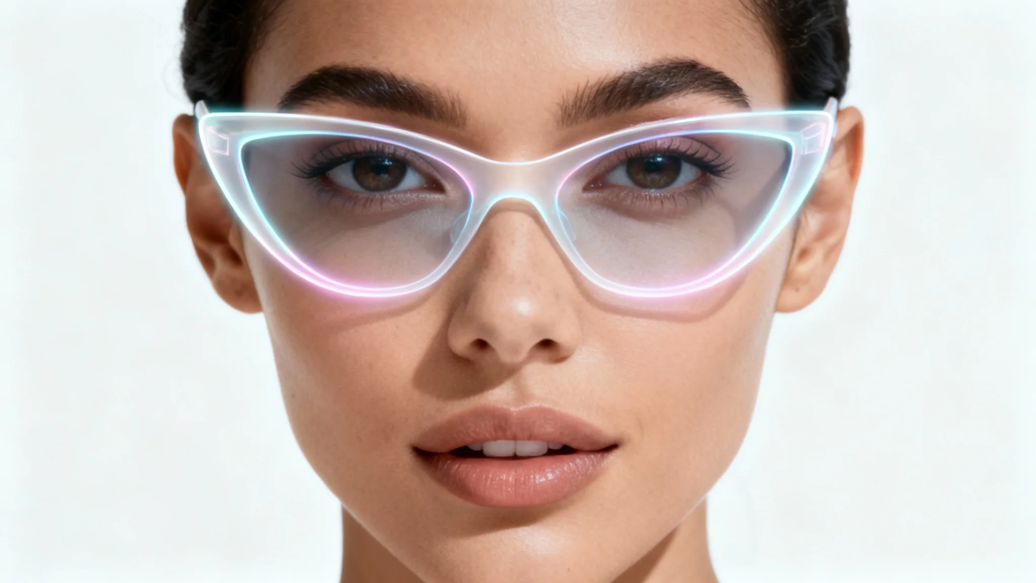 A photorealistic image of a woman looking forward, with a pair of glowing, digitally projected sunglasses on her face, demonstrating a virtual try-on feature against a plain white background.