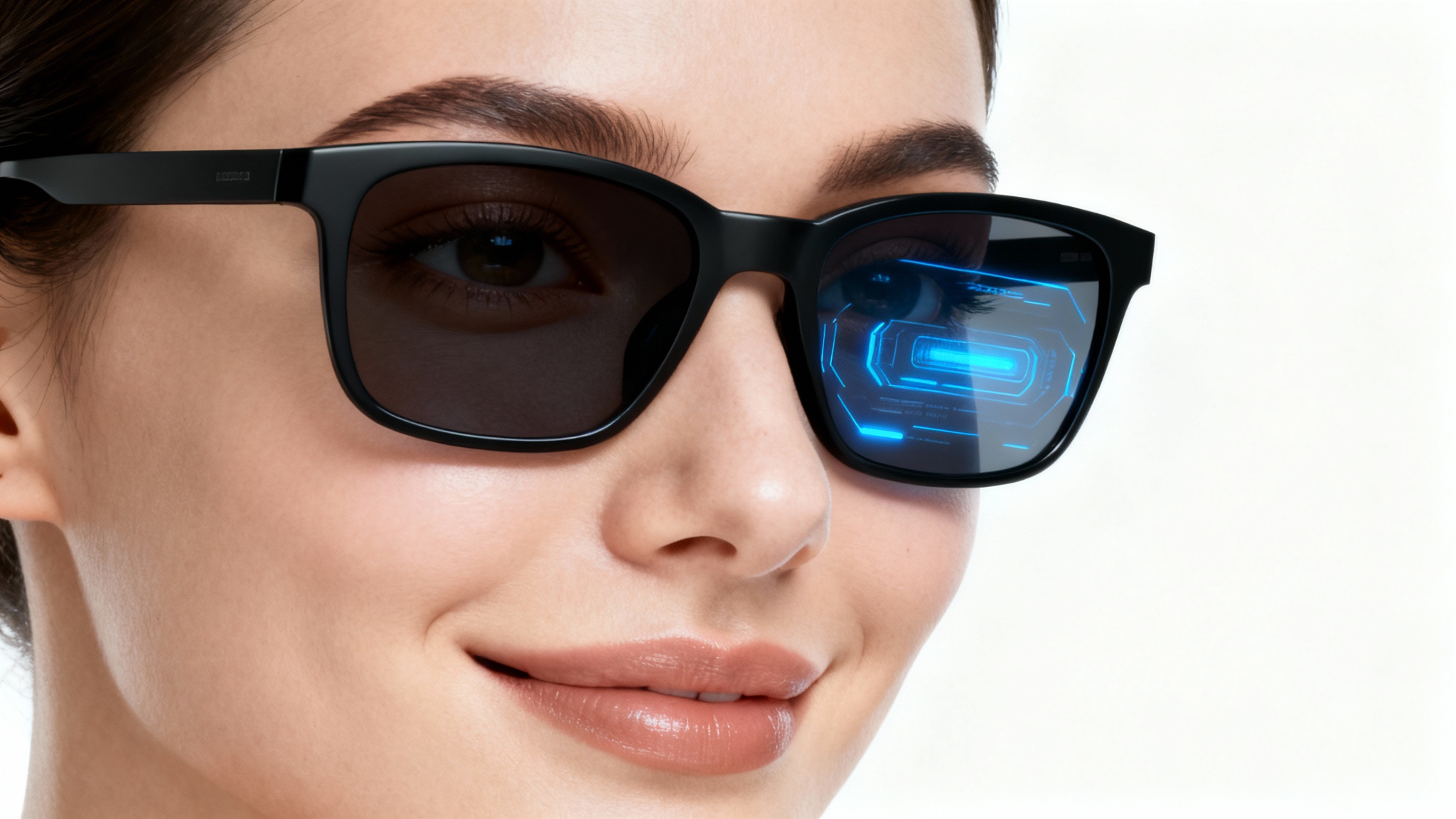 A photorealistic image of a woman's face from a 3/4 angle, showing her using a virtual try-on feature for a pair of modern sunglasses that have a subtle digital glow, all against a solid white background.