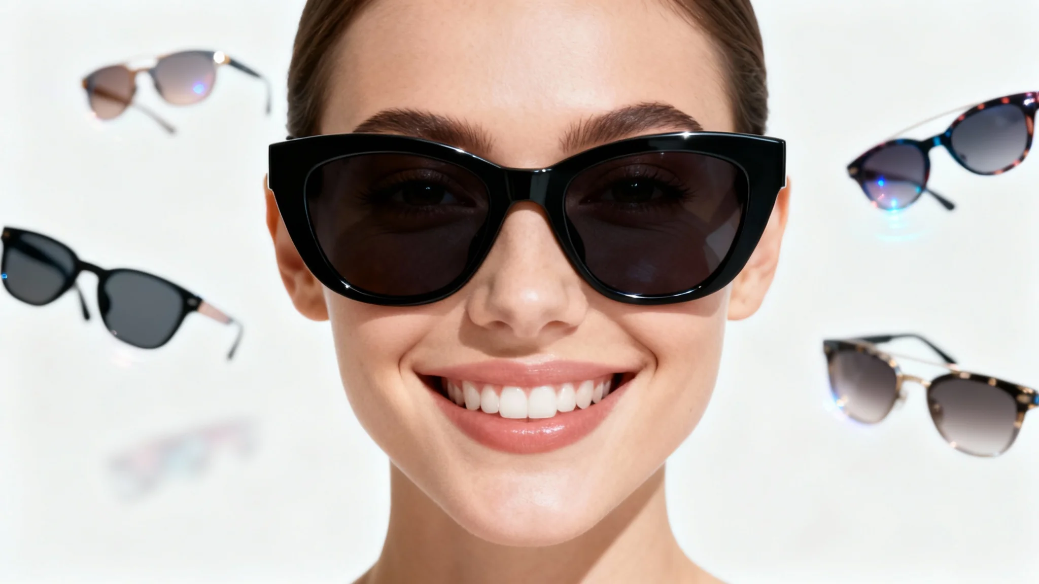 A photorealistic portrait of a happy woman wearing a pair of stylish black sunglasses, with other pairs floating around her head, demonstrating a virtual try-on experience against a plain white background.