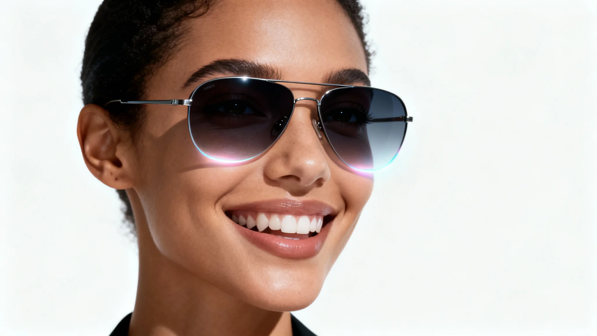 A close-up of a woman's face happily modeling a pair of virtual aviator sunglasses against a plain white background, illustrating a virtual try-on feature.