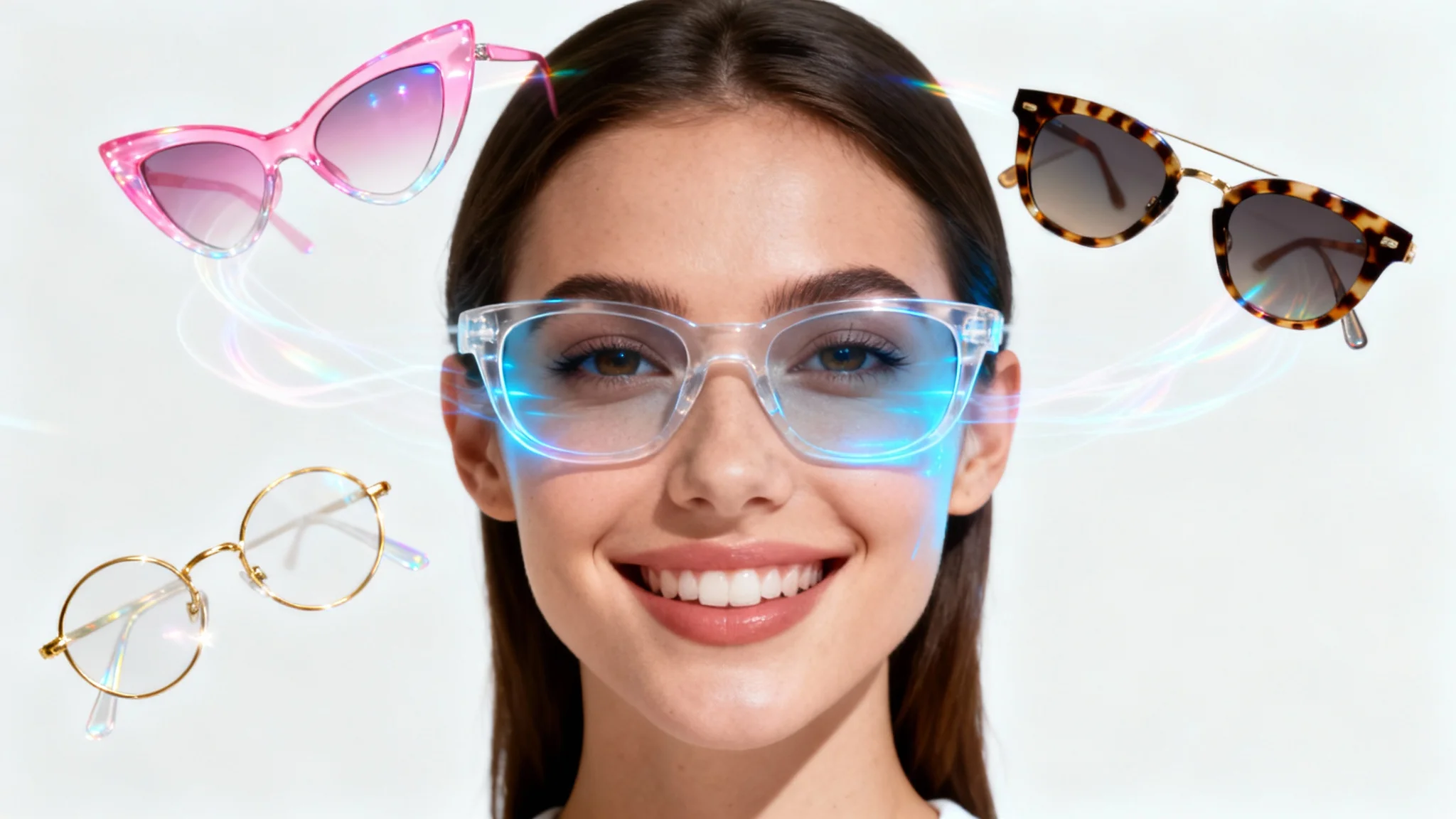 A photorealistic mockup of a virtual sunglasses try-on, showing a woman's face wearing a pair of holographic aviator sunglasses, with other styles floating around her head against a white background.