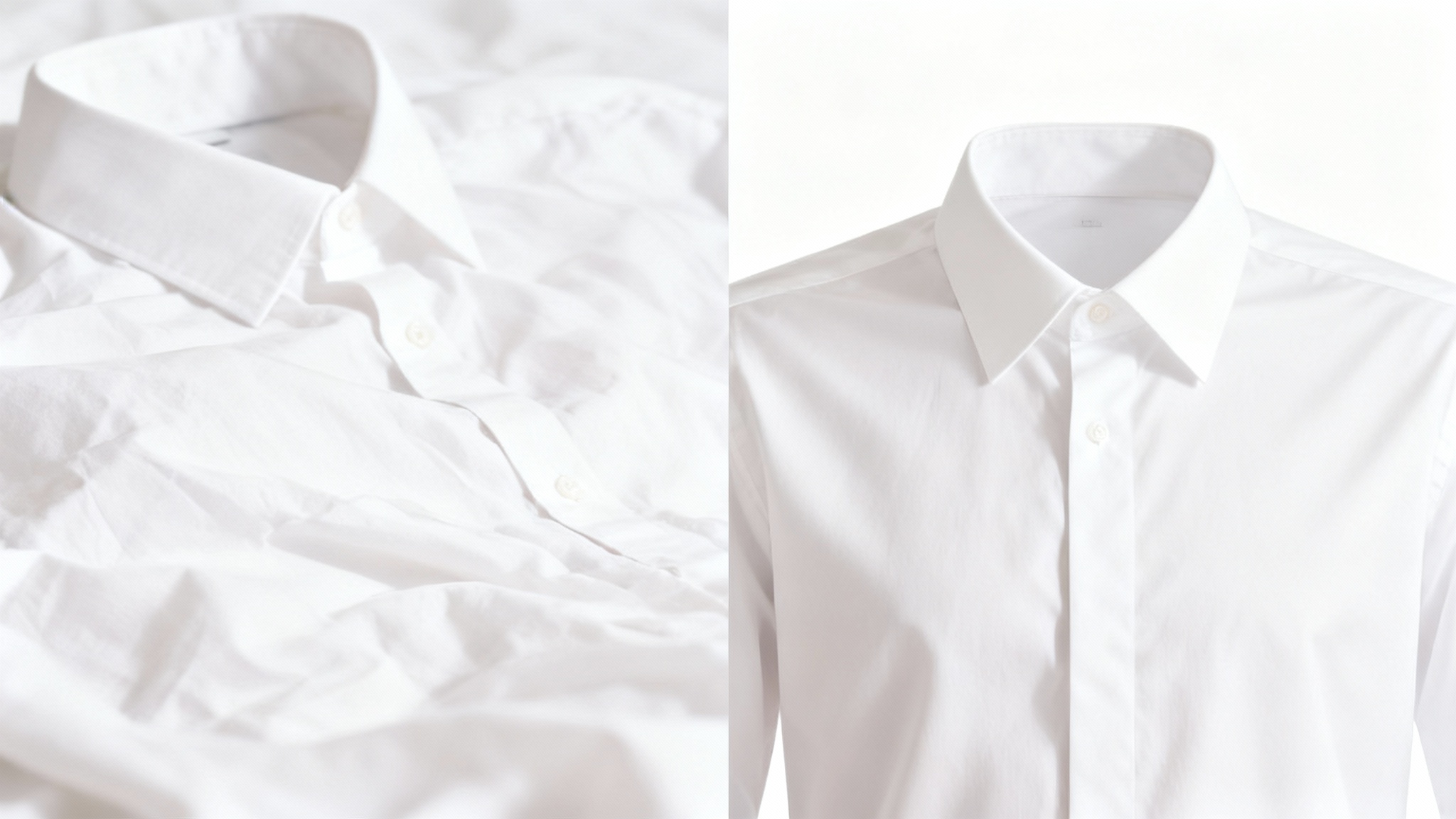 A before-and-after comparison image showing a white dress shirt. The left half shows the shirt as very wrinkled, and the right half shows the same shirt as perfectly smooth and ironed.