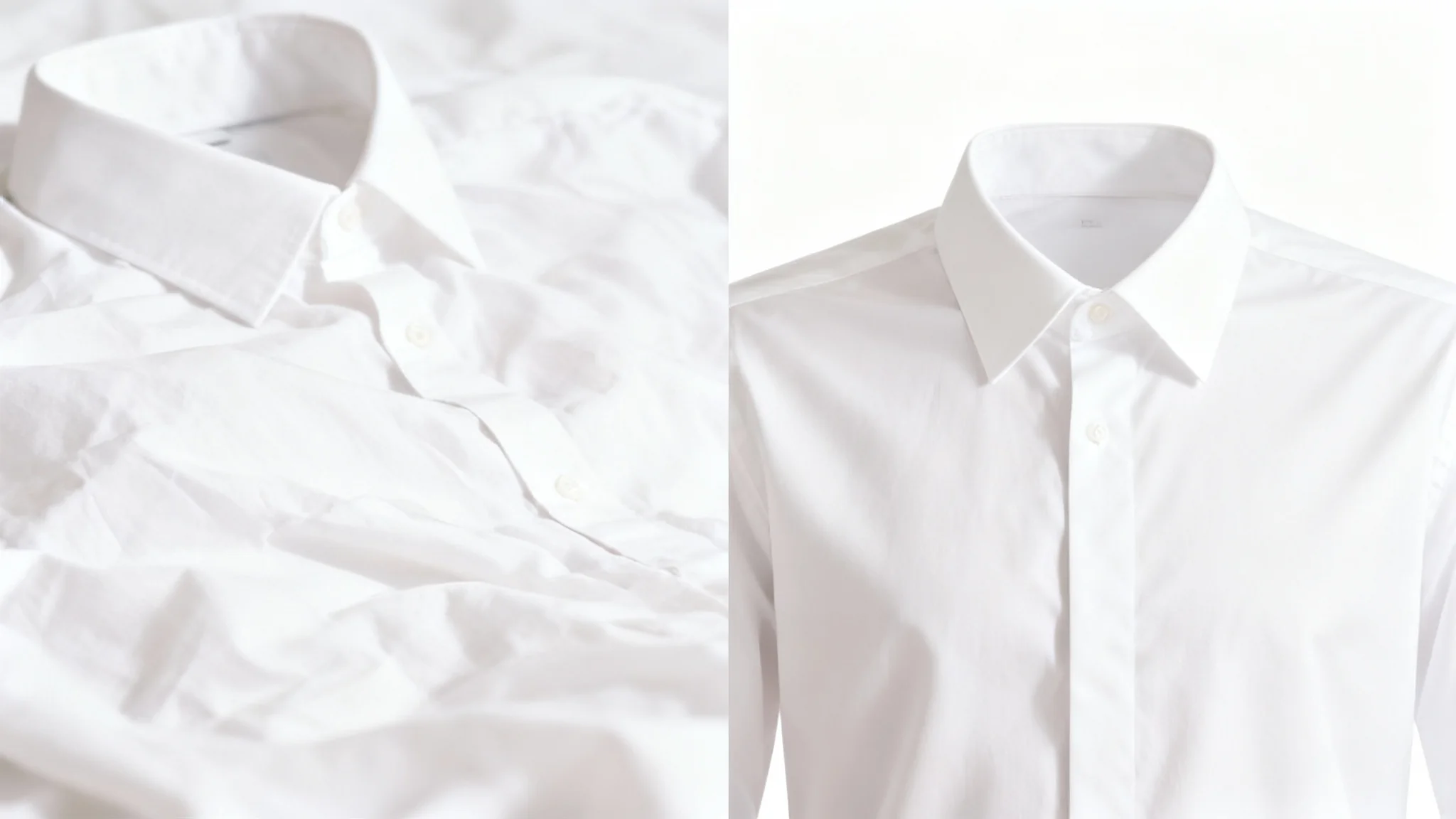 A before-and-after comparison image showing a white dress shirt. The left half shows the shirt as very wrinkled, and the right half shows the same shirt as perfectly smooth and ironed.