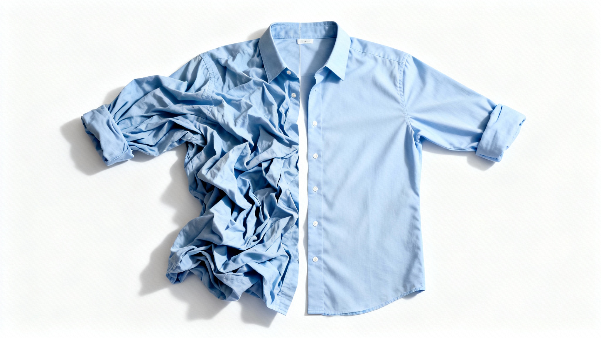 A conceptual image showing a light blue shirt split into two halves: the left side is heavily wrinkled, and the right side is perfectly smooth and ironed, demonstrating a clothing fix.