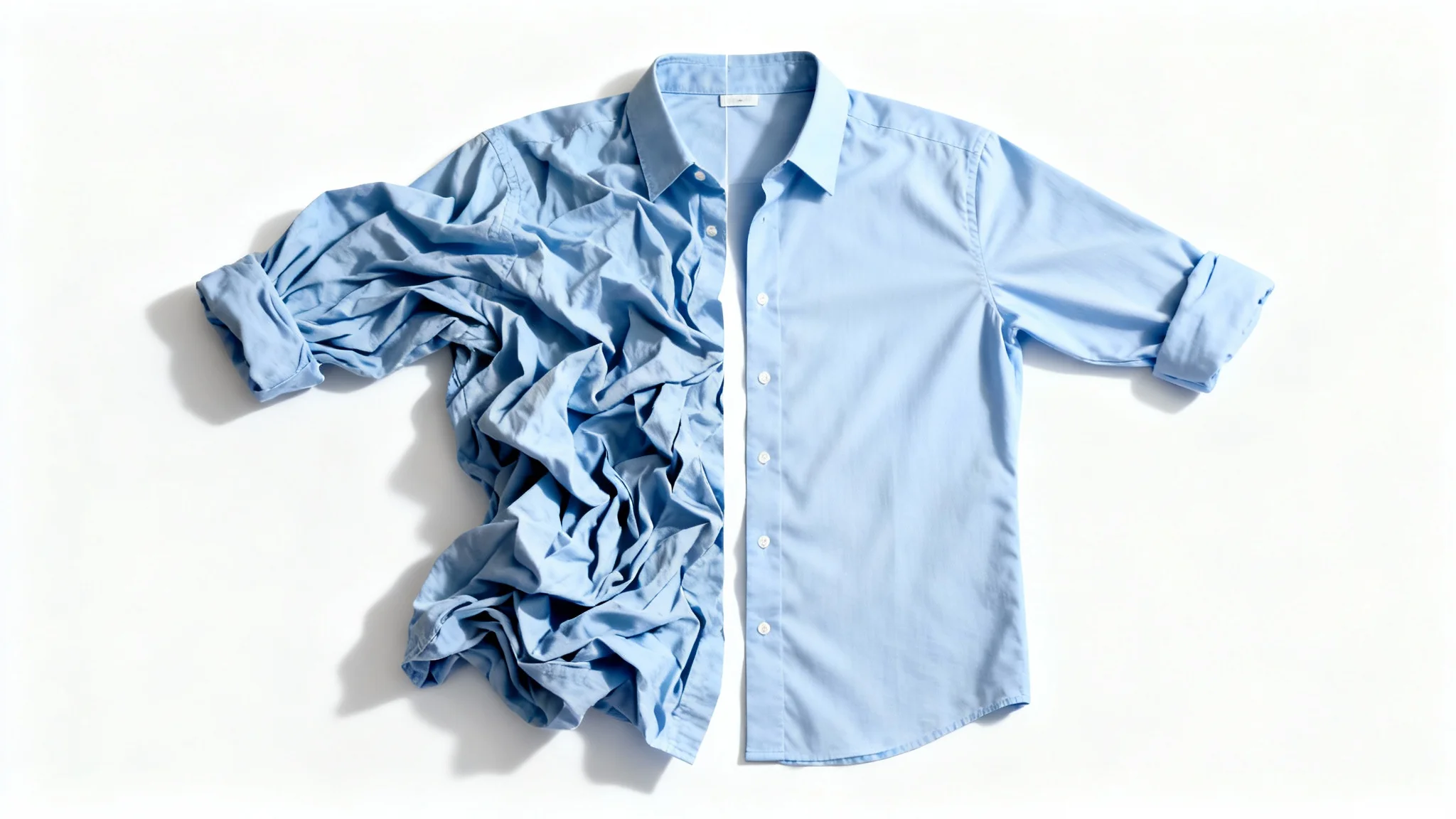 A conceptual image showing a light blue shirt split into two halves: the left side is heavily wrinkled, and the right side is perfectly smooth and ironed, demonstrating a clothing fix.