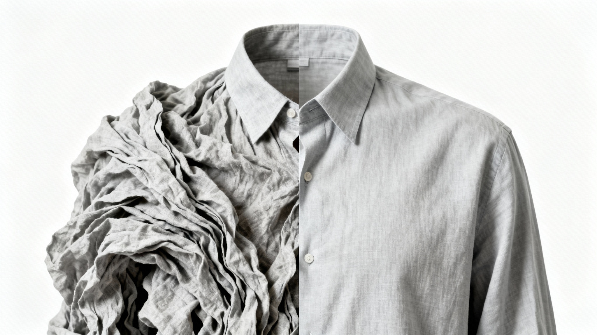 A before-and-after image of a grey linen shirt against a white background. The left half of the shirt is extremely wrinkled, while the right half is perfectly smooth and pressed.