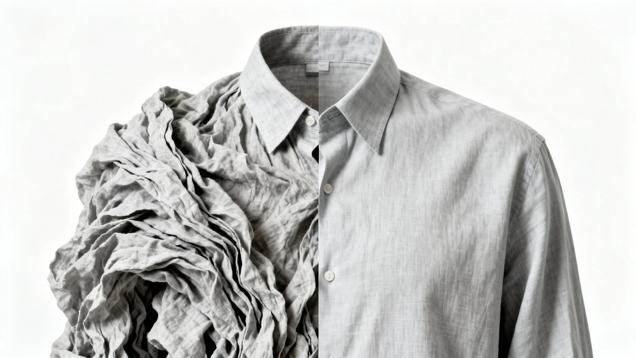 A before-and-after image of a grey linen shirt against a white background. The left half of the shirt is extremely wrinkled, while the right half is perfectly smooth and pressed.