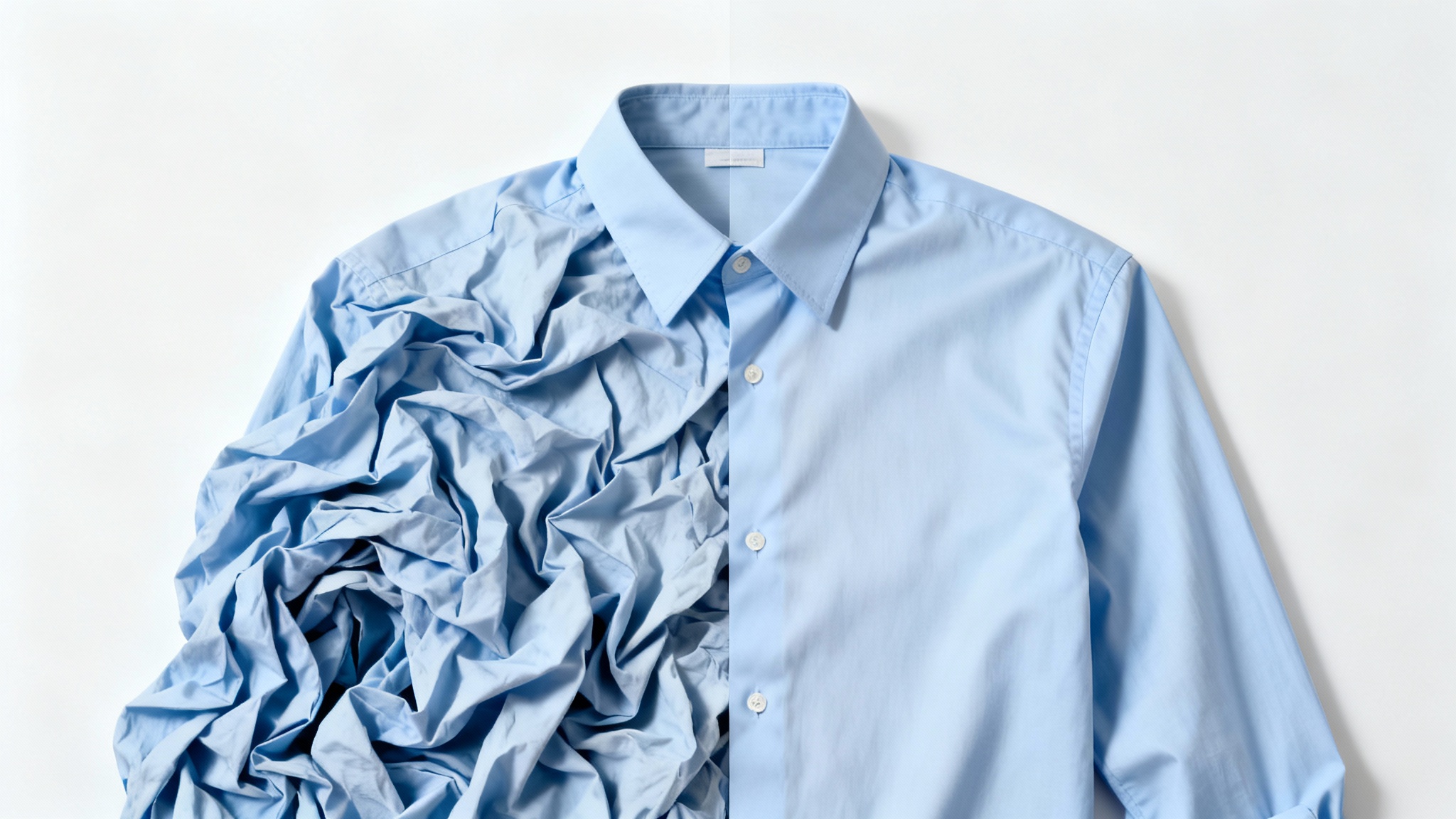 A photorealistic mockup of a light blue dress shirt against a white background, with one side heavily wrinkled and the other side perfectly ironed and smooth, demonstrating a wrinkled clothes fixer.