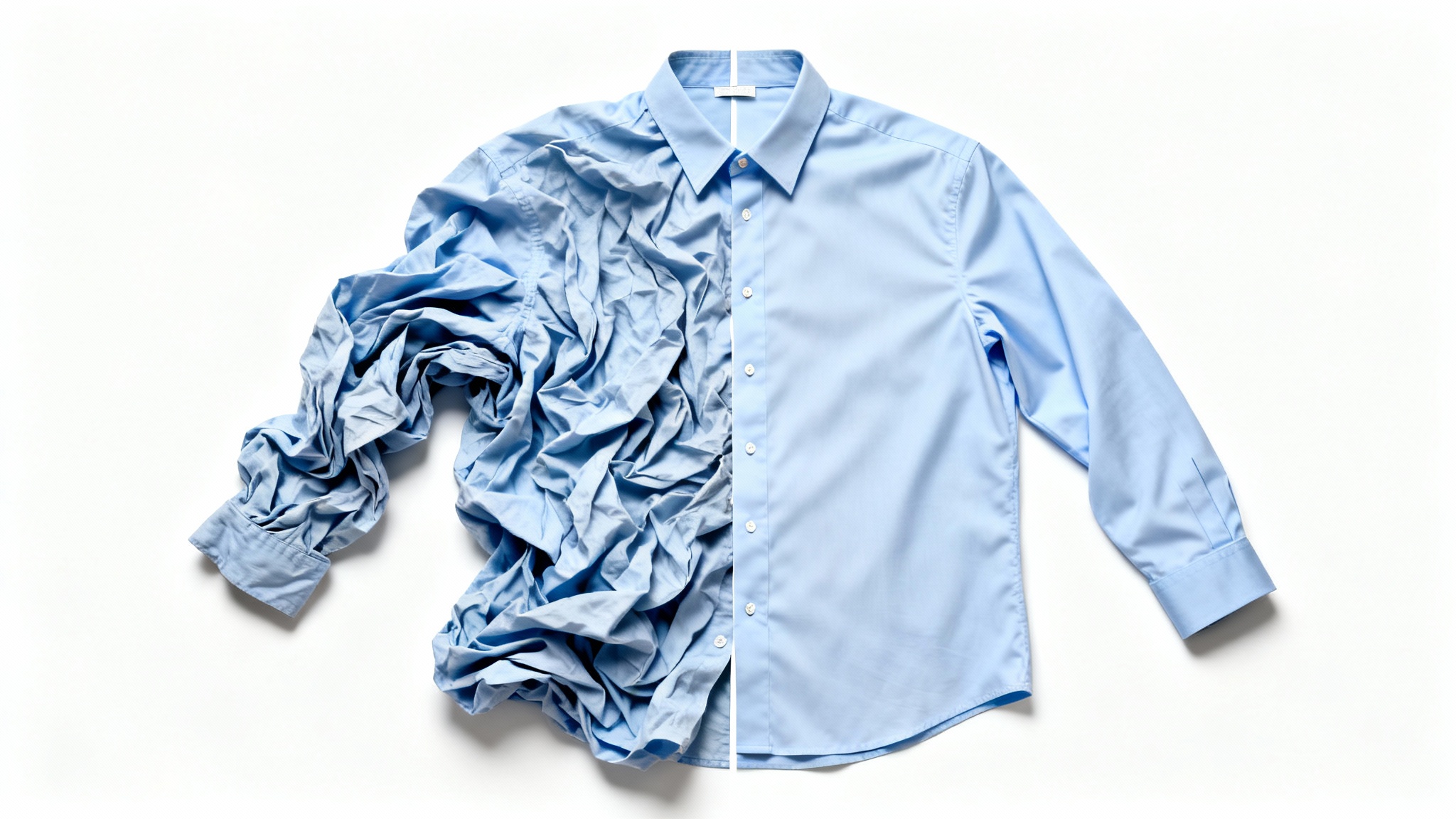 A light blue shirt is shown, with the left side heavily wrinkled and the right side perfectly smooth and ironed, demonstrating a clothes-wrinkle fixing effect.