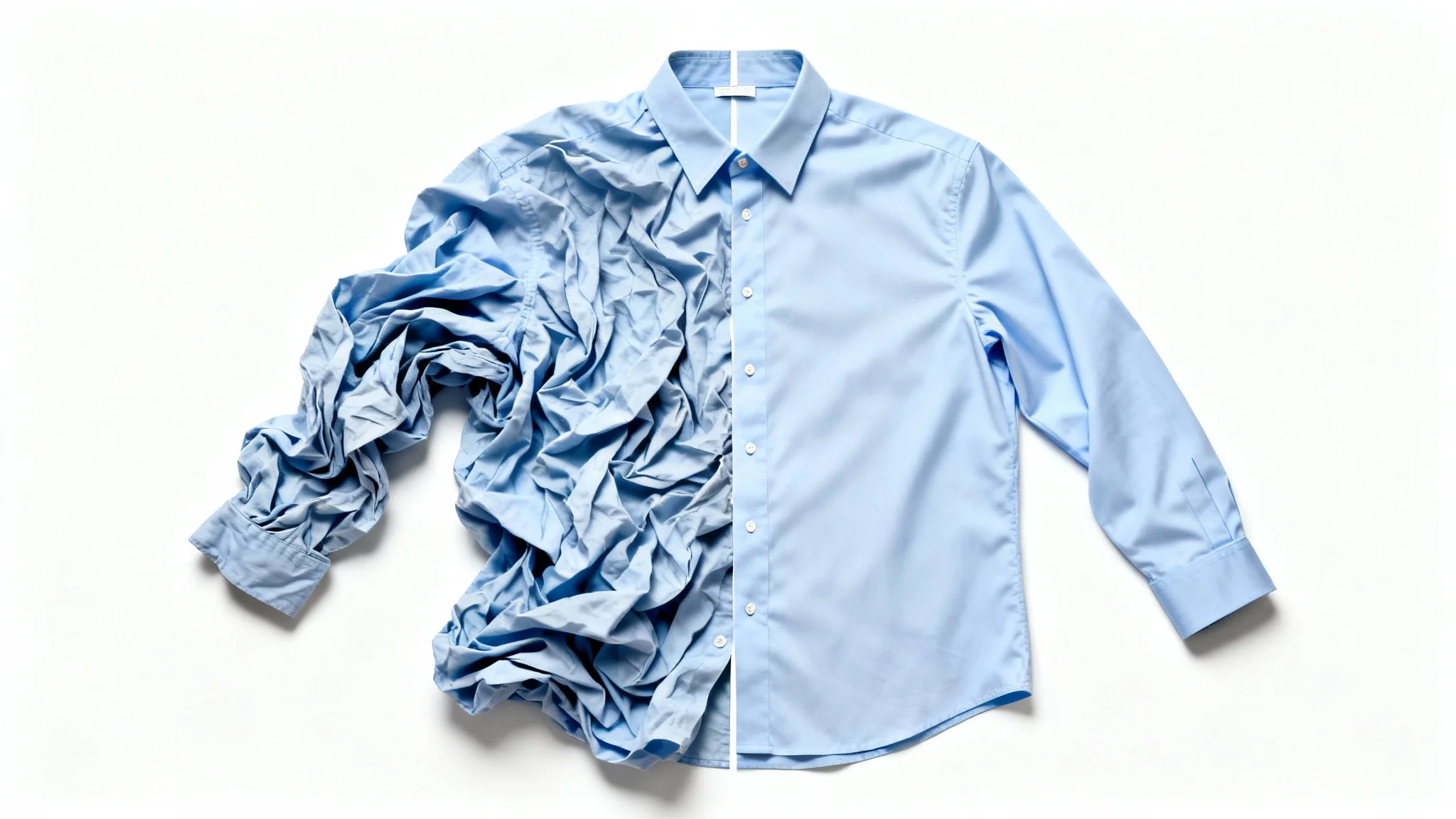 A light blue shirt is shown, with the left side heavily wrinkled and the right side perfectly smooth and ironed, demonstrating a clothes-wrinkle fixing effect.