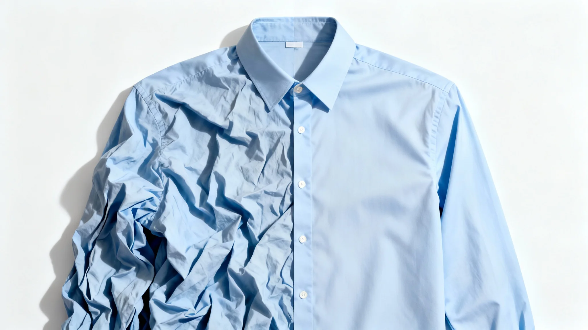 A 'before and after' image of a light blue shirt. The left side is covered in deep wrinkles, while the right side is perfectly smooth and ironed, demonstrating the effect of fixing wrinkled clothes.