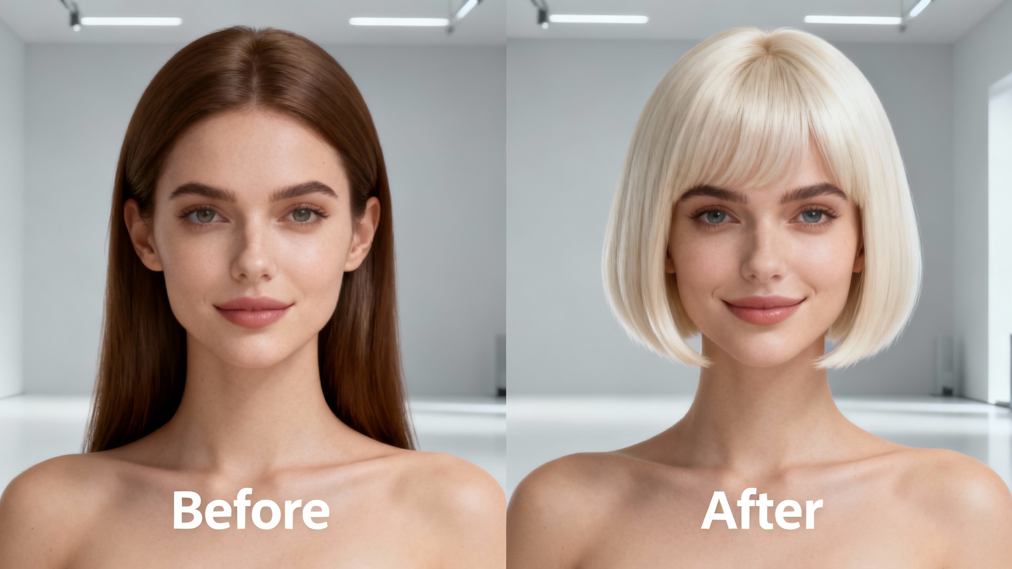A split-screen before-and-after image showing a woman trying on a new haircut virtually. The left side shows her with long brown hair, and the right side shows her with a short platinum blonde bob.