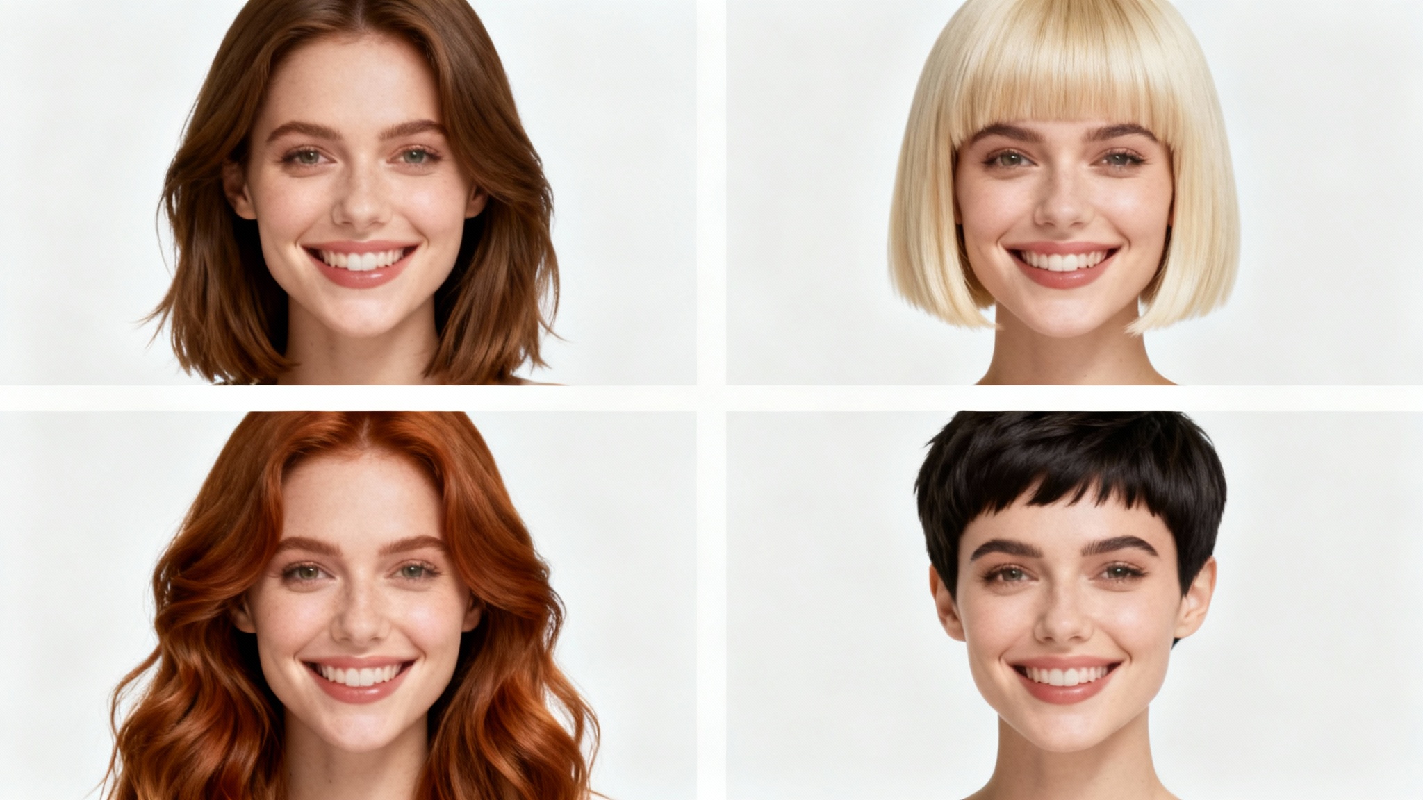A four-panel image collage showing a woman trying on different virtual hairstyles: her original brown hair, a blonde bob, long wavy auburn hair, and a dark pixie cut.