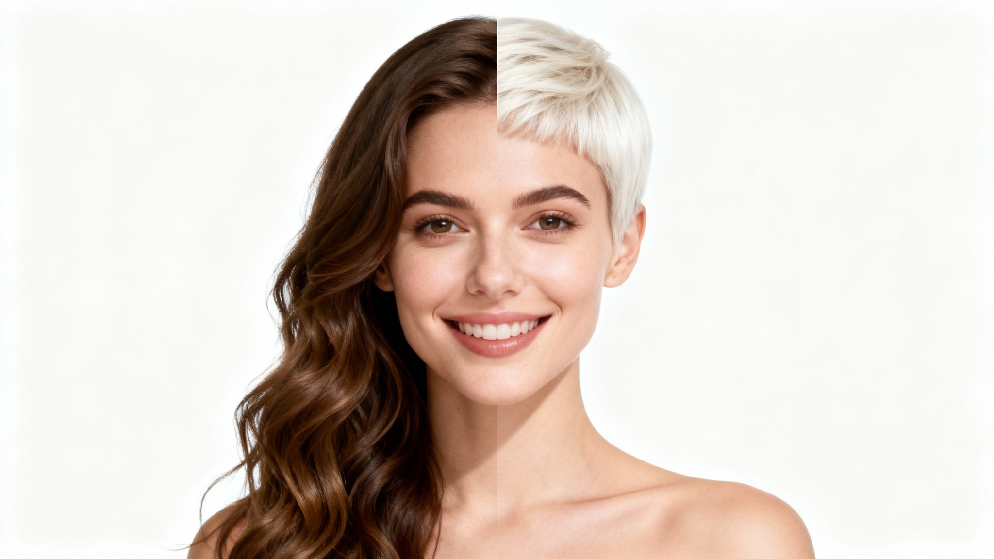 A woman's portrait split in two, showing a virtual haircut try-on. The left side features her with long brown hair, and the right side shows her with a short blonde pixie cut.