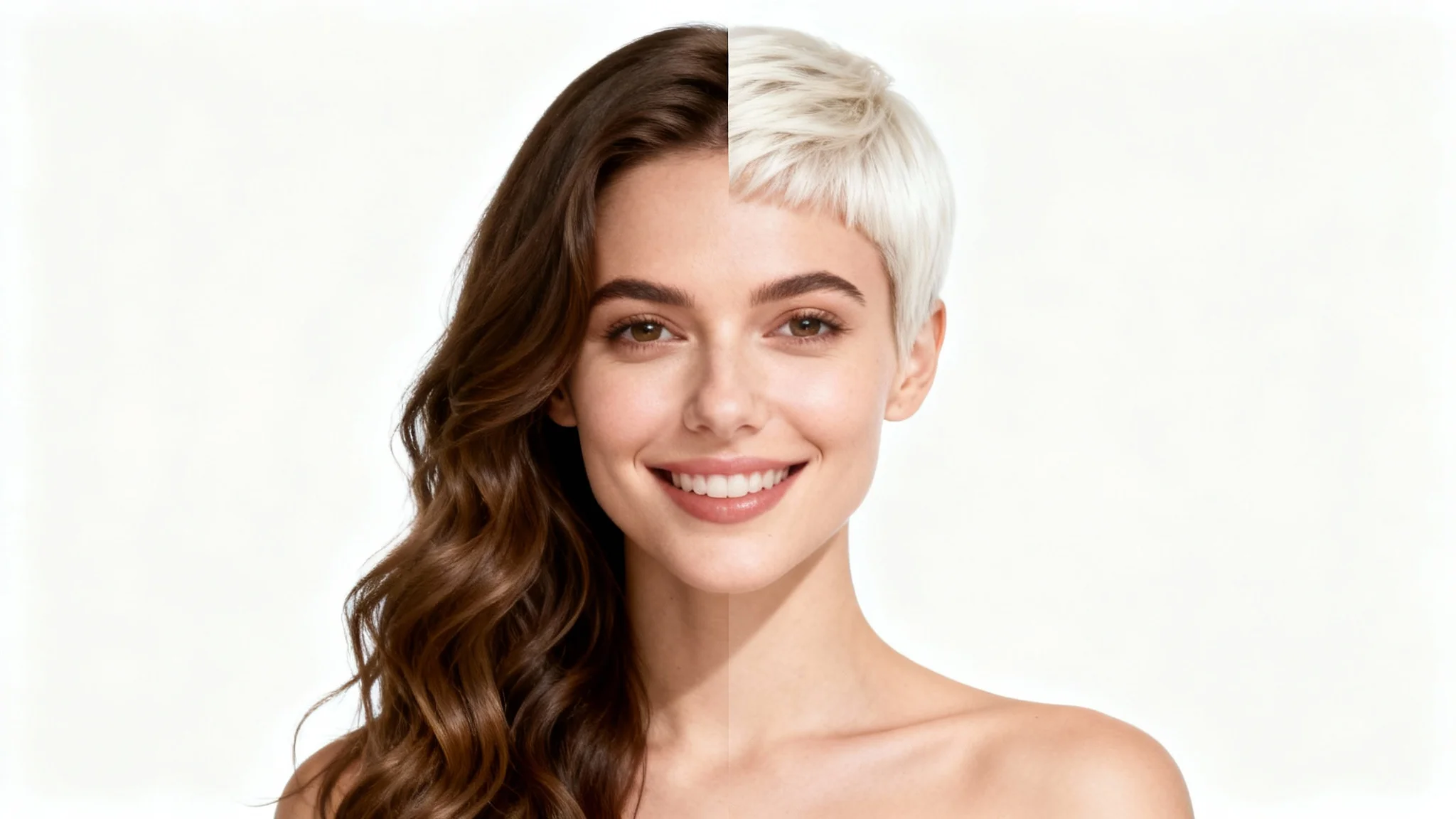 A woman's portrait split in two, showing a virtual haircut try-on. The left side features her with long brown hair, and the right side shows her with a short blonde pixie cut.