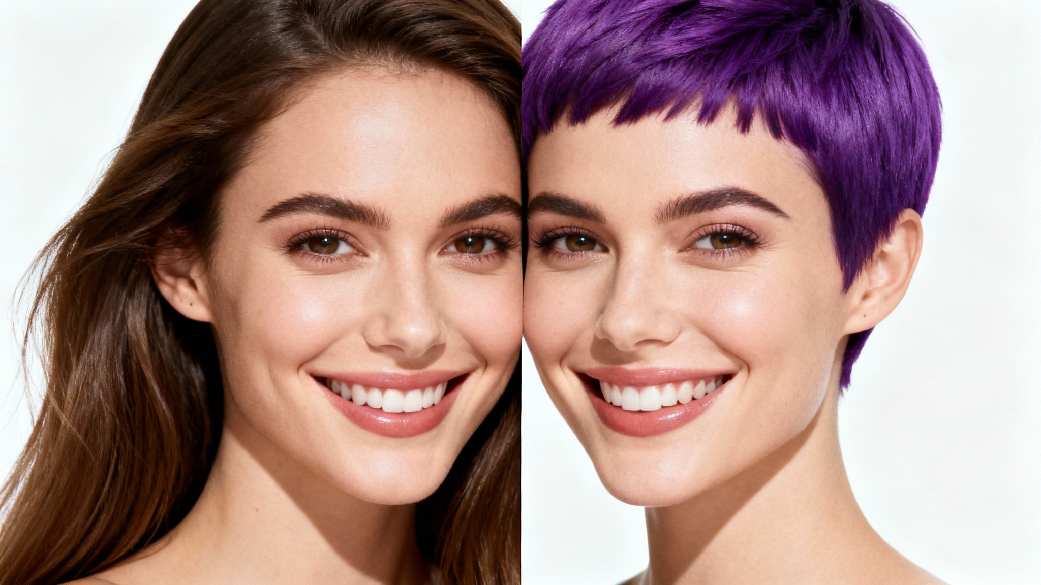 A split-screen style portrait of a woman demonstrating a virtual haircut try-on. The left half shows her with long brown hair, and the right half shows her with a short purple pixie cut.