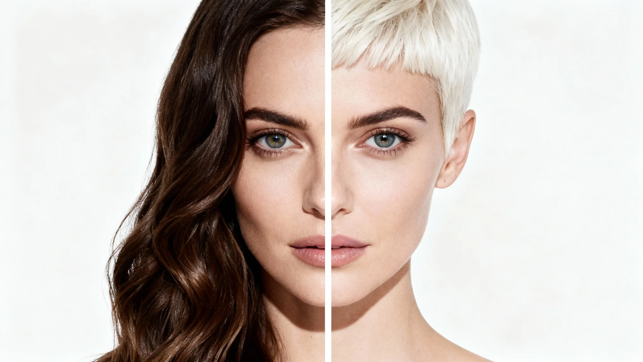 A close-up portrait of a woman's face, visually split in half. The left side shows her with long, wavy dark hair, and the right side shows her with a short, platinum blonde pixie cut, representing a virtual hairstyle try-on concept.