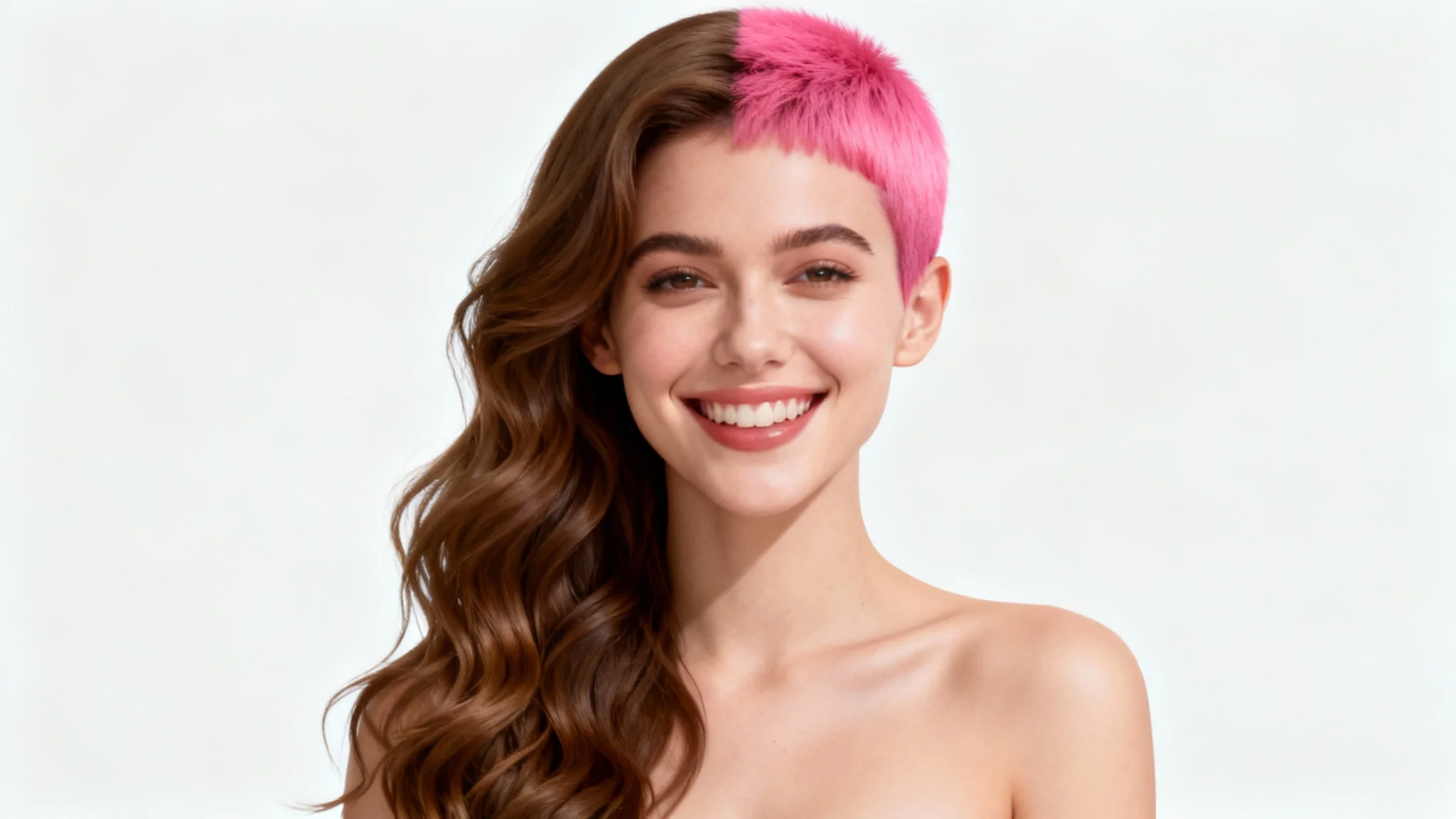 A woman happily showcasing two different hairstyles at once, with long brown hair on one side and a short pink pixie cut on the other, representing a virtual haircut try-on, against a plain white background.