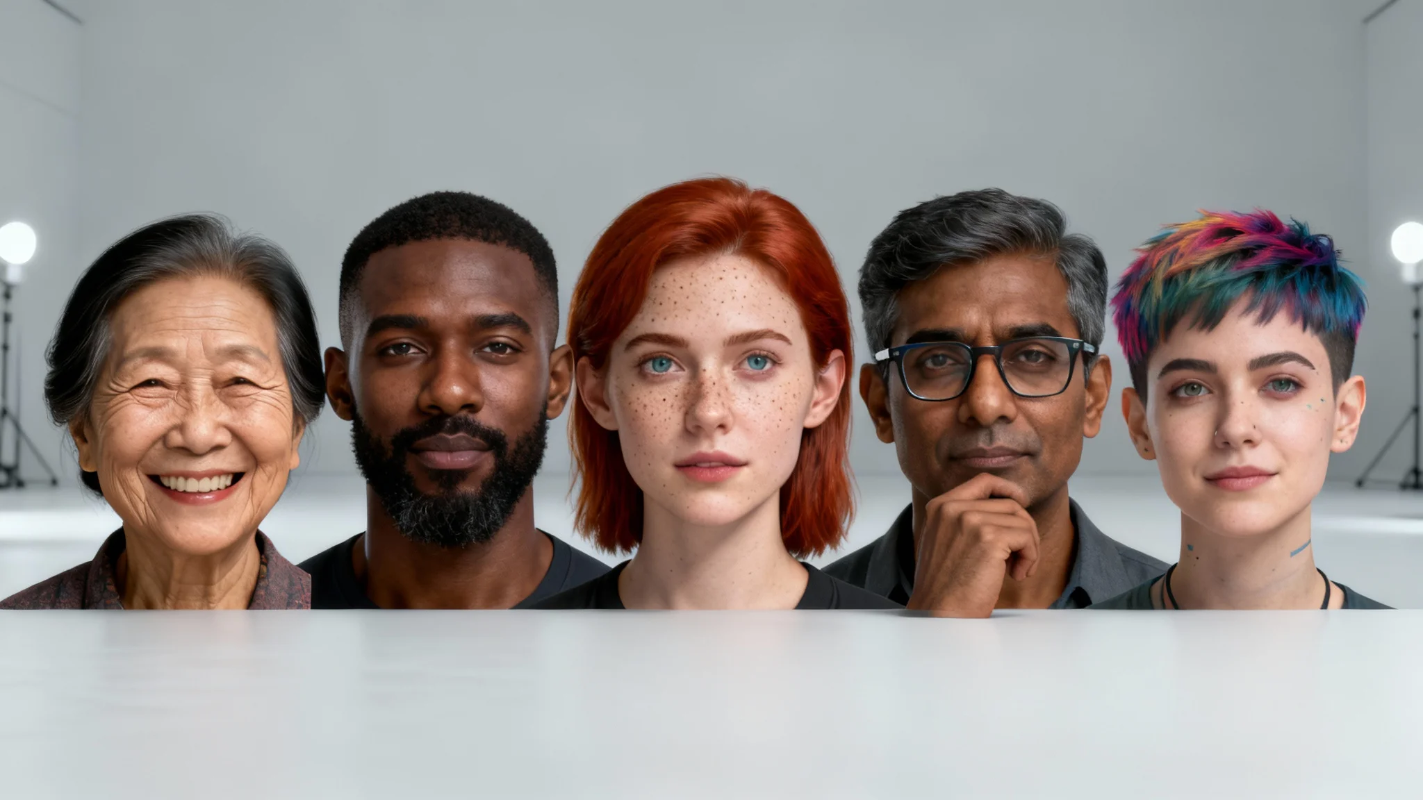 A diverse lineup of five highly realistic, AI-generated portraits of people of different ages, genders, and ethnicities against a light gray background, showcasing the output of a human generator tool.