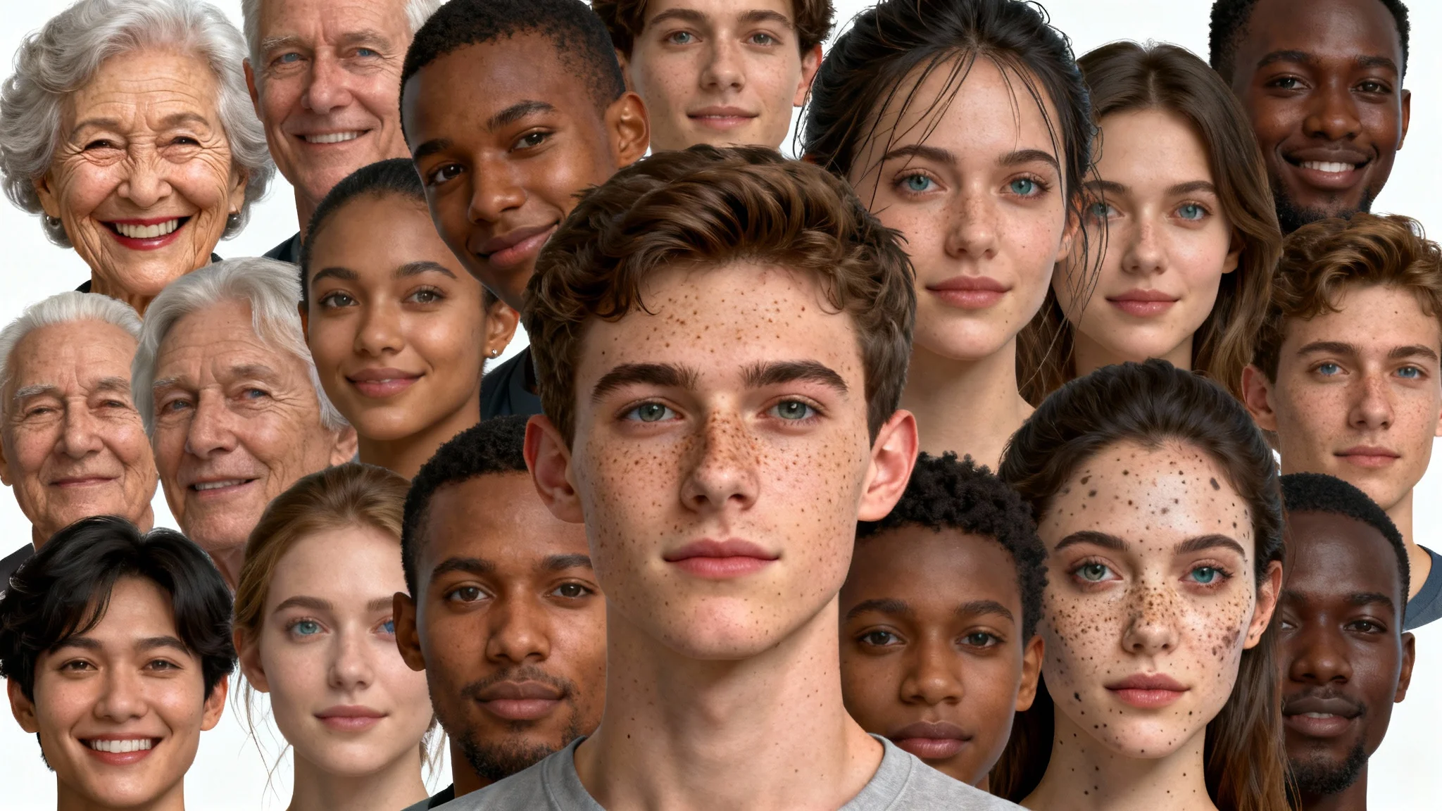 A collage of diverse, hyper-realistic portraits of people from various ages, ethnicities, and genders, showcasing the output of a human generator AI.