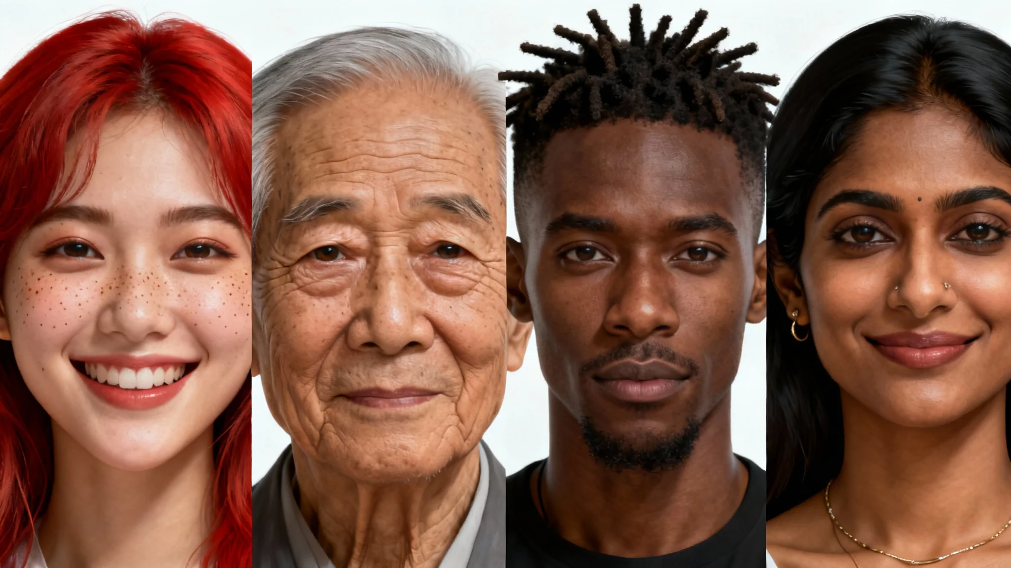 A photorealistic lineup of four diverse, AI-generated human portraits on a white background, showcasing a young woman with red hair, an elderly Asian man, a young Black man, and a South Asian woman.