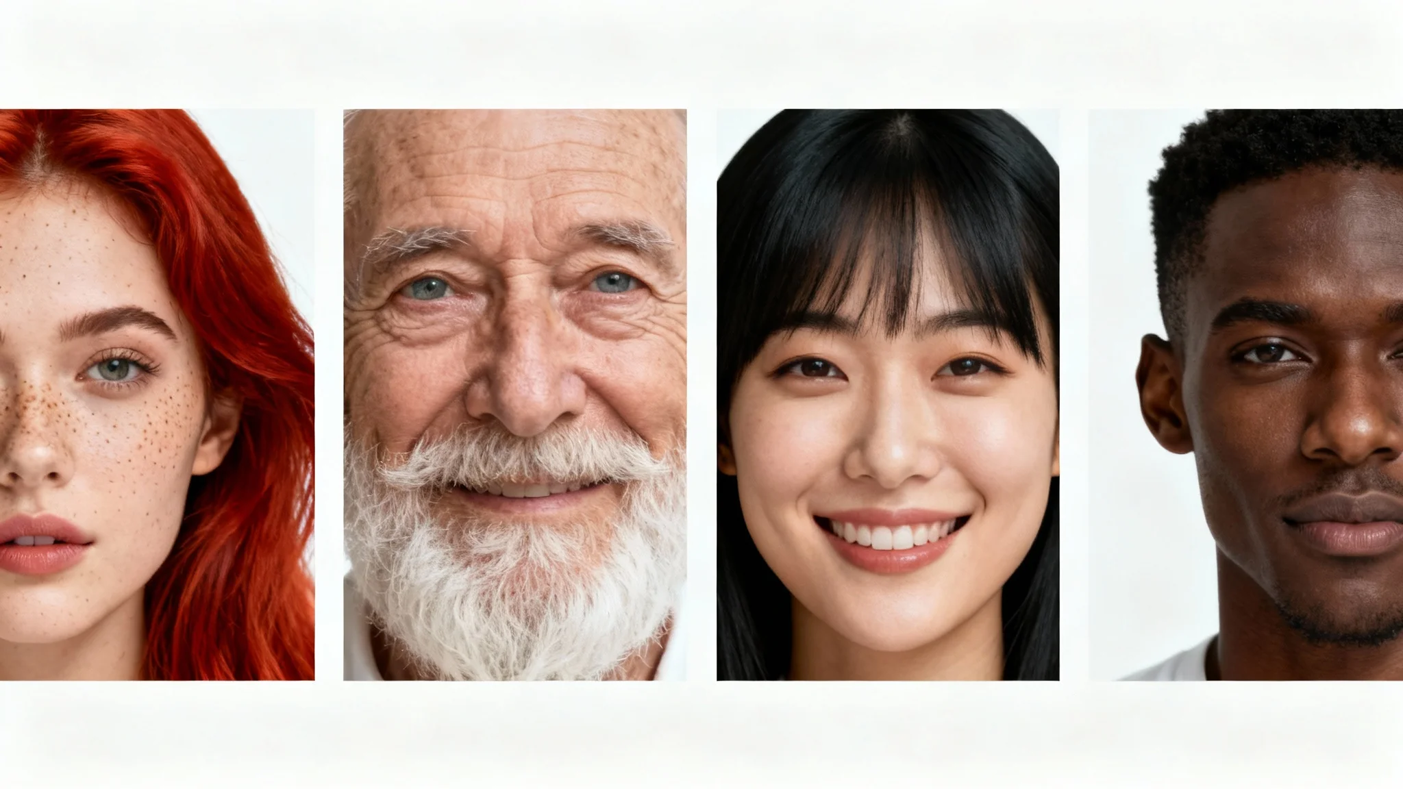 A grid collage of diverse, photorealistic portraits of people of different ages and ethnicities, on a white background, showcasing the output of a human generator.