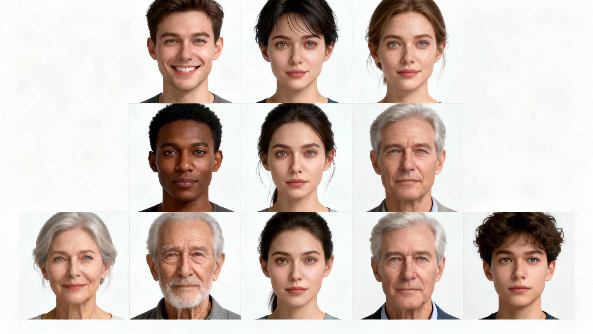 A grid collage of nine diverse and photorealistic portraits of people of different ages, genders, and ethnicities, demonstrating the output of an AI human generator.