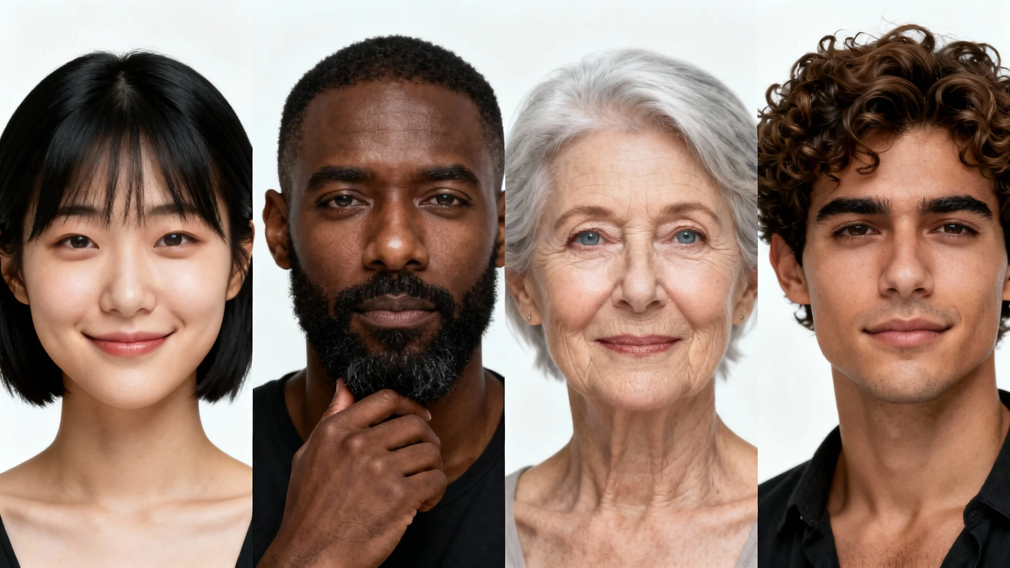 A collage of four hyperrealistic portraits showing a diverse group of people of different ages, genders, and ethnicities, demonstrating an AI human generator.