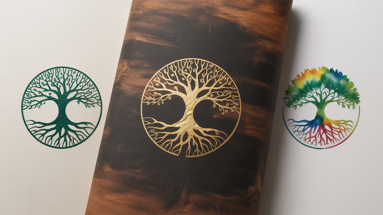 A hero image displaying three different professional Tree of Life logo designs, including a central gold foil logo, a minimalist green vector logo, and a colorful watercolor logo.