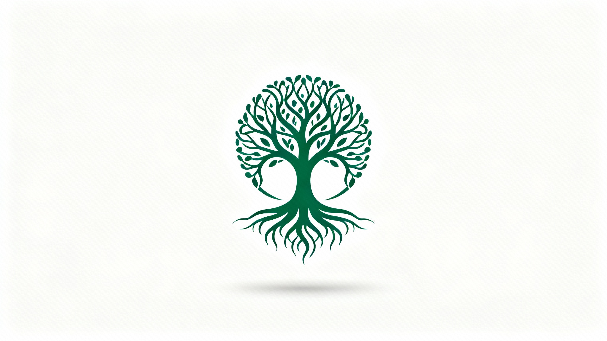 A modern, emerald green Tree of Life logo, featuring intertwined branches and roots forming a circle, presented as a mockup on a clean white background.